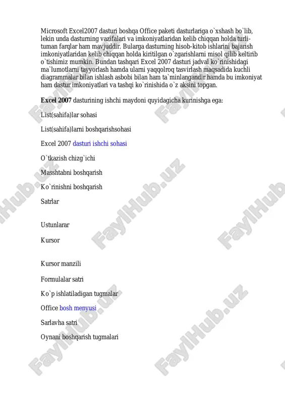 rli- tuman farqlar ham mavjuddir. bularga dasturning hisob-kitob ishlarini bajarish imkoniyatlaridan kelib chiqqan holda kiritilgan o`zgarishlarni misol qilib keltirib o`tishimiz mumkin. bundan tashqari excel 2007 dasturi jadval ko`rinishidagi ma`lumotlarni tayyorlash hamda ularni yaqqolroq tasvirlash maqsadida kuchli diagrammalar bilan ishlash asbobi bilan ham ta`minlangandir hamda bu imkoniyat ham dastur imkoniyatlari va tashqi ko`rinishida o`z aksini topgan. excel 2007 dasturining ishchi maydoni quyidagicha kurinishga ega: list(sahifa)lar sohasi list(sahifa)larni boshqarishsohasi excel 2007 dasturi ishchi sohasi o`tkazish chizg`ichi masshtabni boshqarish ko`rinishni boshqarish satrlar ustunlarar kursor kursor manzili formulalar satri ko`p ishlatiladigan tugmalar office bosh menyusi sarlavha satri oynani boshqarish tugmalari https://hozir.org/tasdiqlandi-v3.html https://hozir.org/bosh-miyaning-tuzilishi-reja.html excel 2007 dasturi uskunalar paneli excel dasturi asoslari excel 2007 da yangilik excel dasturida tayyorlanadigan hujjat elektron kitoblar deb ataladi va bu elektron kitobda kompyuter xotirasi imkon beradigan darajada ko`p sahifa (list)larni joylashtirish mumkin. bu listlar ishchi listlar (oddiy listlar – ularda jadvallarni joylashtirish mumkin) hamda diagramma listlari (ularda diagrammalar joylashtiriladi)ga bo`linadi. …