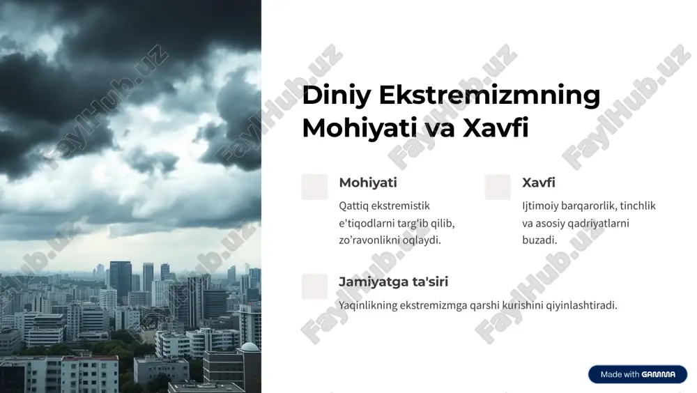 ijtimoiy muhit yaratish. https://gamma.app/?utm_source=made-with-gamma xulosa va takliflar preventiv ta'lim radikallashishga qarshi dasturlarini kengaytirish. huquqiy chora-tadbirlar qonunlarni qat¾iy tatbiq etish. jamiyatni qo8llab-quvvatlash mahalliy tashkilotlar bilan hamkorlikni kuchaytirish. https://gamma.app/?utm_source=made-with-gamma