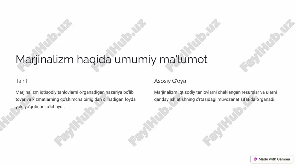 a xarajatlar. muvozanat nuqtasi marjinal foyda marjinal xarajatga teng bo'lgan nuqta. cheklangan resurslar iqtisodiy tanlovlar cheklangan resurslar tufayli qiyinchiliklarga duch keladi. https://gamma.app/?utm_source=made-with-gamma marjinalizm nazariyasining afzalliklari aniqlik marjinal analiz iqtisodiy tanlovlarni o'rganish uchun aniq va kvantifikativ yondashuvni taqdim etadi. universallik marjinalizm g'oyalari iqtisodiyotning ko'pgina sohalarida, masalan, talab va taklif, ishlab chiqarish va iste'mol qilishda qo'llaniladi. amaliylik marjinalizm iqtisodchilarga iqtisodiy hodisalarni tushunish va bashorat qilish uchun amaliy vositalarni taqdim etadi. https://gamma.app/?utm_source=made-with-gamma maä¥�µa«�(³ µa(aä��aì�µ�µ� ¨a³c��«�¨«aä� 1 s¾jja«aì�ø�ä�ì� marjinalizm iqtisodiyotni soddalashtirilgan modellar orqali o'rganadi, bu ba'zi hollarda real dunyo murakkabligini hisobga olmaydi. 2 r��¾¥«aµ�ì� jaäa¥aì� marjinalizm mukammal emas va rivojlanish davom etmoqda, bu esa yangi g'oyalar va tanqidlarni o'z ichiga oladi. 3 c�p¨«aµ�aµ ã¾'««aµ�«�ì� marjinalizm iqtisodiyotning barcha jihatlarini tushuntira olmaydi, ayniqsa ijtimoiy va siyosiy omillarni hisobga olgan holda. https://gamma.app/?utm_source=made-with-gamma maä¥�µa«�(³ µa(aä��aì�µ�µ� a³a«��¾øja�� ã¾'««aµ�«�ì�� 1 naä� bp«��«aì� marjinal xarajatlarni hisobga olib, narxlarni optimallashtirish. 2 iì�«ab c��ãaä�ì� ishlab chiqarish hajmini optimallashtirish va foyda maksimallashtirish. 3 rpì�äì«aäµ� …