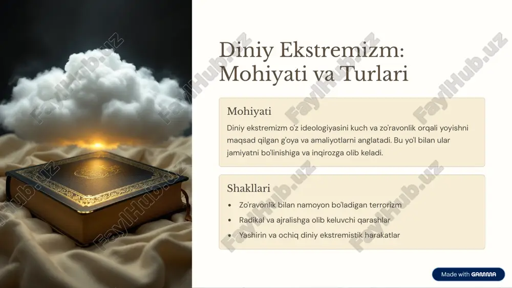 akat qiladi. siyosiy propagandalar yoshlarni o'z safiga jalb qilish din nomidan zo'ravonlikka moyillik https://gamma.app/?utm_source=made-with-gamma isid: jahon miqyosidagi terrorchilik zo'ravonlik choralari isid zo'ravonlik va dahshatli terrorchilik harakatlari bilan tanilgan. global tahdid ular nafaqat mintaqaviy, balki xalqaro barqarorlikka ham xavf tug'diradi. qarama- qarshilik va kurash ularni qarshi kurashish uchun xalqaro koalitsiyalar shakllangan. https://gamma.app/?utm_source=made-with-gamma boko haram: afrika mintaqasidagi zo'ravonlik 1 tashkilot tarixi nigeriyada boshlangan diniy ekstremistik harakat 2002-yilda vujudga kelgan. 2 faoliyat yo'nalishlari zo'ravon hujumlar, odam o'g'irlash va ijtimoiy tartibsizliklar yaratadi. 3 xalqaro ta'siri mintaqaviy xavfsizlikka jiddiy tahdid hisoblanadi. https://gamma.app/?utm_source=made-with-gamma markaziy osiyoda diniy ekstremizmga qarshi kurash choralari ta'limni rivojlantirish yoshlarni ekstremizmda ko'riladigan xavflar haqida xabardor qilish. qonunlarni kuchaytirish ekstremistik guruhlarni aniqlash va jazolash uchun kuchli qonunlar qabul qilish. jamiyatni qo'llab-quvvatlash mahalliy hamjamiyatlar bilan hamkorlikda ekstremizmga qarshi kurashish. https://gamma.app/?utm_source=made-with-gamma ekstremistik guruhlar tahdidini keng hamjamiyatga yetkazish ommaviy axborot vositalari xavf-xatarlar haqida aniq va tezkor xabar berish. ta'lim muassasalari yoshlarga ekstremizmga qarshi madaniyatni singdirish. jamiyat faollari …