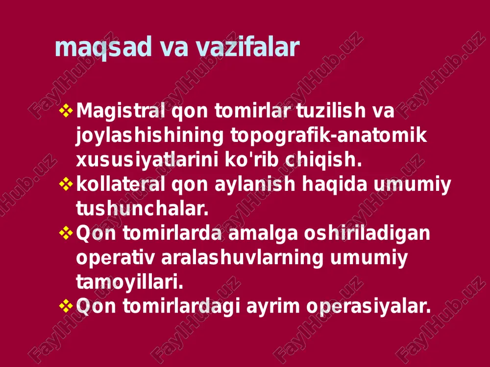 a va tos bo'shliqlarida, teri ostida va boshq.) bor. tomir shikastlari: qon ketish turlari. arterial. venoz. arterio-venoz. kapillyar. tashqi. ichki. birlamchi. ikkilamchi:  erta – 3-7 kun;  kech – 7 kundan keyin. arrozion. qonning mustaqil to'xtab qolishi  muskul tipidagi (o'rta kalibrdagi) arteriyalar (elka, bilak, taqim arteriyalar) – tez spazmga uchraydi.  elastik tipdagi (yirik kalibrli) arteriyalar (aorta, uyqu, son, yonbosh) – spazm kam. qon ketishini vaqtinchalik to'xtatish usullari. bundan tashqari qo'llaniladi: 1. tomirni jarohat ichida qisish. 2. tomirga qisqich qo'yish. 3. jarohatni tamponlash. tomirni barmoq bilan bosish. siquvchi bog'lam. jgut qo'yish. jgut qo'yish asoratlari: 1) qon aylanishining uzoq vaqt va to'liq to'xtashi sababli qo'l-oyoqning distal qismi gangrenasi; 2) nervlar falaji – qisilish oqibatida; 3) turniket shok, jgutni echgandan so'ng organizmning intoksikasiyasi. jgut faqat qo'l-oyoqning bir suyakli segmentlariga va ko'pi bilan 2 soatgacha qo'yiladi qon ketishini batamom to'xtatish. 1. mexanik (ligatura qo'yish). 2. fizik (elektro- va termokoagulyasiya). 3. biologik …