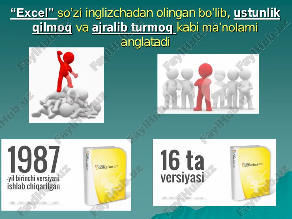 t) dan iborat bo'ladi. foydalanuvchi xoxishiga ko'ra bu varaqlar sonini oshirishi yoki kamaytirishi mumkin.  ish varagida buxgalter (hisobchi) kitobi kabi, sonlar, matnlar, arifmetik ifodalar, hisob-kitoblar qator va ustunlarda joylashgan bo'ladi. v ustunni belgilash uchun sichqoncha ko'rsatkichi ustun nomi ustiga qo'yiladi va chap tugmacha bir marta bosiladi. xuddi shunday 8 qatorni belgilash uchun qator nomeri ustida sichqoncha cham tugmasi bir marotaba bosiladi (klaviaturada: ctrl+probel – ustun, shift+probel qatorni belgilaydi) ustun va qatorlarni qo'shish, o'chirish va o'rnini almashtirish excel 2010 ustun va qatorlarni o'lchamlarini o'zgartirish agar v2:v8 yoki a3:f3 diapazondagi yacheykalarni belgilash kerak bo'lsa sichqoncha ko'rsatkichi v2 ga qo'yilib chap tugmacha bosib qo'yiladi va yana chap tugmachani bosib turgan holda v8 yacheykagacha olib kelinadi va chap tugmacha qo'yib yuboriladi. aktiv yacheyka yacheykalarni joyini o'zgartirish, ulardan nusha olish, nusha qo'yish v3 yacheykadan nusha olib d8 yacheykaga qo'yish nusha qo'yish uchun vstavit buyrug'idan tashqari enter tugmasi yordamida ham bajarish mumkin kursor d8 yacheykaga …