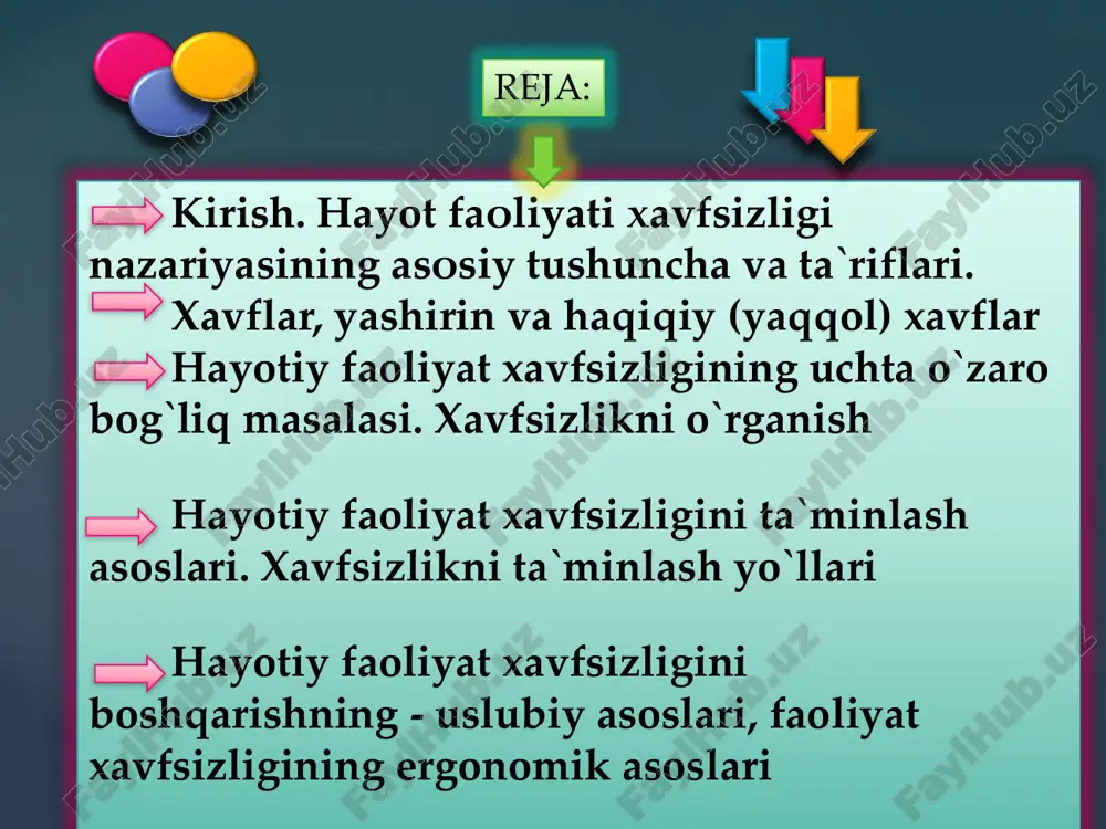 higa yetmagan yoshlarning mehnat sharoitlarini yaxshilashdan iborat. bugungi kunda respublikamiz korxonalarida mehnat qilayotgan ayollar va o`smirlar mehnatini muhofaza qilishga katta ahamiyat berilmoqda. xususan ularni og`ir va sog`liq uchun zararli ishlardan ozod qilish, qisqartirilgan ish kuni huquqi qonun bilan belgilab qo`yilishi, homiladorlik ta’tili, bola tarbiyasiga beriladigan ta’tilning uch yilgacha uzaytirilishi va boshqa imtiyozlar bunga misol bo`la oladi. hayotiy faoliyat xavfsizligi tushunchasi faoliyat - insonning jamiyatda mavjud bo`lishi uchun kerakli sharoit. mehnat -faoliyatning yuqori shakli. faylasuflarning fikricha, insonning ta’rifi – harakatdagi, mehnatdagi faoliyatidadir. mehnat va faoliyat shakllari turlicha bo`lib, ular hayotda uchraydigan aqliy, ma’naviy, madaniy, ilmiy va boshqa jarayonlarni o`z ichiga oladi. hayotiy faoliyat xavfsizligining uchta o`zaro bog`liq masalasi xavflarni birday (umumlashtirish) deb hisoblash, ya'ni ularning qiyofasiga qarab, koordinati va miqdoriy xususiyatlarini ko`rsatish. sarf harajatlari va foydasini solishtirish asosida xavflardan himoya qilish paydo bo`lishi mumkin bo`lgan salbiy (xavfning qoldiq deformatsiyasida n kelib chiqqan) xavflarni yo`qotish hfx - o`z nazariya va metodologiya usullariga …