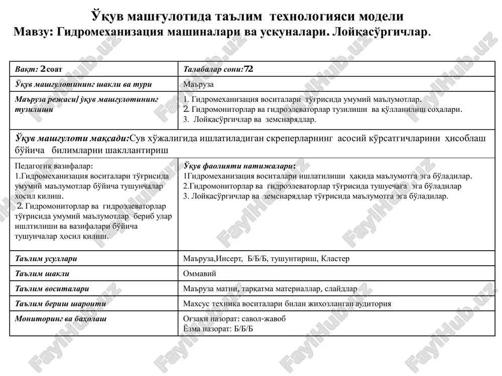 y 50 daqiqa 2.1. savol-javob orqali bilimlarni faollashtiradi. 2.2. insert usulidan foydalanib, talabalarni gidromexanizatsiya vositalari to'g'risidagi umumiy ma'lumotlar bo'yicha bilimlarini aniqlaydi.(1-ilova) 2.3. b/b/b usulidan foydalanib gidromonitorlar va gidroelevatorlar to'g'risida ko'nikmasini aniqlaydi(2-ilova). 2.4. asosiy tushunchalarga ta'rif beradi. 2.5. klaster yordamida loyqaso'rgichlar -vazifalari, ishlash(qo'llanilish) sohalarini tizimlashtiradi (3- ilova) javob beradilar. o'qiydilar, yozib boradilar. tushunchalarni muxokama qiladilar. ma'lumotlarni daftarga qayd qiladilar. kuzatadilar, muhokama qiladilar. 3-bosqich. yakuniy 15 daqiqa 3.1. mavzu bo'yicha yakun yasaydi, ushbu fanni kelgusidagi kasbiy faoliyatlaridagi axamiyatini ochib beradi. 3.2. mustaqil ishni bajarish bo'yicha tavsiyalar beradi. savol beradilar. yozib oladilar. . . shunday karerlar borki, er qazish mashinalarining ish jihozlari bilan ulardagi gruntlarga ishlov berish noqulay (qulochini etmasligi) bo'lib, ish jihozidan yuqorida bo'lgan gruntning o'pirilib tushishi, inson haѐti va texnika uchun o'ta xafli bo'ladi. nisbatan yuqorida joylashgan gruntlarni ko'chirish, transport va kerakli joyga ѐtqizishda bosim ostidagi suvning yo'nalishidan foydalaniladi. bu usulni gidromexanizatsiya usuli deb yuritiladi. gruntni suv bosimi ѐrdamida ko'chiruvchi uskunaga …