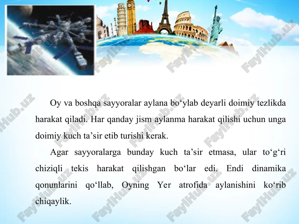 quyidagicha ta’riflanadi: ikki jismning o‘zaro tortishish kuchi ularning massalari ko‘paytmasiga to‘g‘ri proporsional va ular orasidagi masofa kvadratiga teskari proporsionaldir. agar o‘zaro ta’sirlashuvchi jismlar massasi m1 = m2 = 1 kg va ular orasidagi masofa r = 1 m bo‘lsa, (4) formulada f kuchning son qiymati g ga teng: gravitatsiya doimiysi son jihatdan har birining massasi 1 kg va oralaridagi masofa 1 m bo‘lgan ikki jism orasidagi tortishish kuchiga teng. 1798-yilda ingliz olimi genri kavendish uning son qiymati quyidagiga tengligini aniqladi: butun olam tortishish qonuni ta’sirlashayotgan jismlar o‘lchamlari ular orasidagi masofadan juda kichik bo‘lgan hollarda, ya’ni moddiy nuqtalar uchun aniq bajariladi. shar shaklidagi jismlar uchun ular orasidagi masofa sharlar markazidan o‘lchansa, jismlar orasidagi har qanday masofada ham (4) formula o‘rinli ekanligi ma’lum bo‘ldi. shuning uchun jismlarni yerga tortishishini hisoblashda masofani yerning markaziga nisbatan olish kerak. yerning radiusi 6 400 km bo‘lgani uchun jism yerdan bir necha o‘n kilometr ko‘tarilganida ham yerga …