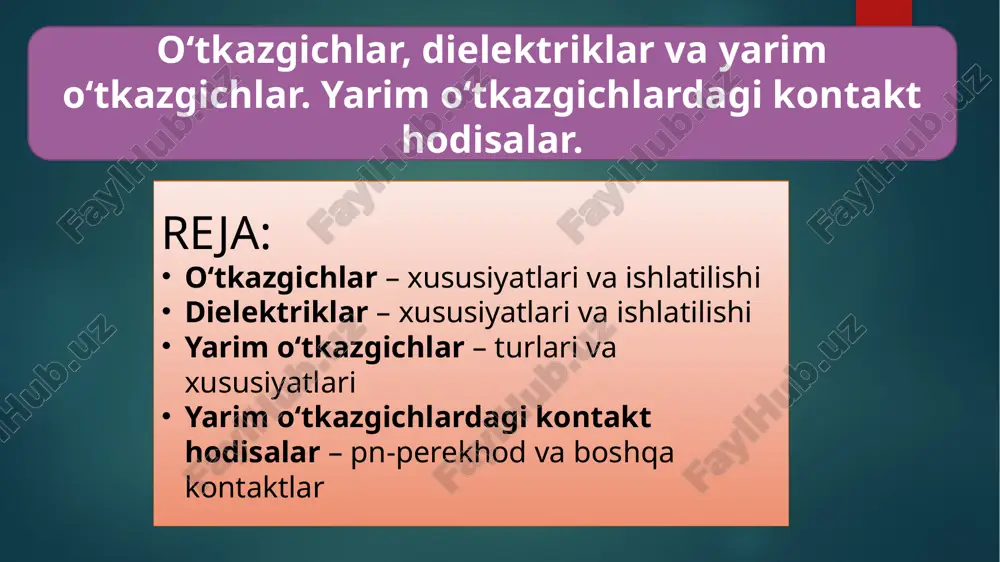 va h.k.) shaklida va kimyoviy birlashmalar shaklida (sulfidlar, selenidlar va h.k.) uchraydi. elektr tokini yaxshi o‘tkazadigan, ya’ni yuqori elektr o‘tkazuvchanlik xususiyatiga ega bo‘lgan moddalar o‘tkazgichlar deyiladi. elektr o‘tkazuvchi moddalar solishtirma qarshiligining katta kichikligiga qarab elektr tokini yaxshi o‘tkazadigan elektr o‘tkazgichlar (ρ=10-6¸10-4 om×sm), izolyatorlar (ρ=105¸1018 om×sm) va yarim o‘tkazgichlar (ρ=10-4¸105 om×sm)ga bo‘linadi. metallar, elektrolitlar va plazmalar elektr o‘tkazuvchidir. elektr o‘tkazuvchanligi yuqori bo‘lgan modda yoki jism o‘tkazgich deb ataladi. o‘tkazgichlar ikki xil bo‘ladi: birinchi tur o‘tkazgichlari va ikkinchi tur o‘tkazgichlari. erkin eletronlarni soni nihoyatda ko‘p bo‘lgan mis, alyuminiy kabi materiallar birinchi tur o‘tkagichlar deb aytiladi. amaliyotda keng qo‘llaniladigan o‘tkazgich elektr simi. bitta yoki bir necha tomirli simlardan iborat bo‘lgan metall o‘tkazgich elektr simi deyiladi. tovar sifatida ishlab chiqarilgan va servis sohasida keng foydalanadigan elektr simlar quyidagi turlarga bo‘linadi: izolyatsiyalangan, izolyatsiyalanmagan elektr simi; cho‘lg‘ambop elektr simi; montaj simlari, elektr shnurlari, uzaytirgich (udlinitel) va boshqa turlarga bo‘linadi. elektr simi elektr energiyasini o‘zatish va taqsimlash, …
