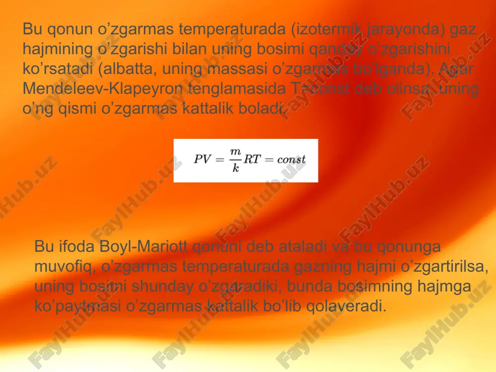 g’riligini tasdiqlaydi. termodinamikaning birinchi qonuni issiqlik miqdori, ichki energiyaning o‘zgarishi va tashqi kuchlarga qarshi bajarilgan foydali ish o‘rtasidagi munosabatni belgilaydi. jismga uzatilayotgan yoki undan olib ketilayotgan issiqlik miqdori jarayonning turiga bog‘liq bo‘ladi. termodinamik jarayonlarni o‘rganish yo‘llari 5 asosiy termodinamik jarayonlar quyidagilardan iborat: 1.o‘zgarmas hajmda kechadigan izoxorik jarayon. 5.yuqoridagi termodinamik jarayonlarni umumlashtirgan politrop jarayon. 2.o‘zgarmas bosimda kechadigan izobarik jarayon. 3.o‘zgarmas temperaturada kechadigan izotermik jarayon. 4.tashqi muhit bilan issiqlik almashmagan holda kechadigan adiabatik jarayon. 6 ideal gazning entropiyasini o‘zgarishini quyidagi formulalar yordamida aniqlaymiz: izotermik jarayon o‘zgarmas (t=const) temperaturada sodir bo‘ladigan termodinamik jarayon izotermik jarayon deyiladi. boyl-mariott qonuniga asosan t=const. izotermik jarayonning pv koordinatalari diagrammasi giperboladan, ts –koordinatadagi diagrammasi obtsissa o‘qiga parallel chiziqdan iborat tizim xolatlarining tenglamalarini quyidagicha yozish mumkin p1v1=rt1; p2 v2=rt2 izobarik jarayon o‘zgarmas bosim ostida kechadigan termodinamik jarayonlarga izobarik jarayon (p=const) deyiladi. jarayon egri chizig‘i izobara deb aytiladi. har ikkala holat uchun jarayonning holat tenglamalarini yozamiz: p1v1=rt1; p2v2=rt2 p=const uchun …