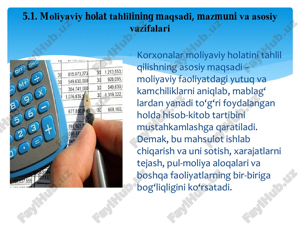 arkibi daromadlar tarkibi xarajatlar tarkibi mahsulotlarni sotishdan olingan sof tushum mahsulot ishlab chiqarish tannarxiga qo‘shiladigan xarajatlar asosiy faoliyatidan olingan boshqa daromadlar davr xarajatlari moliyaviy faoliyatdan olingan daromad moliyaviy faoliyat bo‘yicha xarajatlar favqulodda daromadlar favqulodda zararlar moliyaviy natijalarni ifodalovchi ko‘rsatkichlarni aniqlash tartibi № ko‘rsatkichlar aniqlanish yo‘li moliyaviy hisobotda ifodalanishi 1. 1.mahsulotlar sotishdan olingan yalpi foyda mahsulotlar sotishdan kelgan sof tushum-sotilgan mahsulotlarning ishlab chiqarish tannarxi 2-shakl. 010 satr-020 satr 2. 3.asosiy ishlab chiqarish faoliyatining yalpi moliyaviy natijasi .mahsulotlar sotishdan olingan yalpi foyda-davr xarajatlari +asosiy faoliyatdan boshqa daromadlar-asosiy faoliyatdan boshqa xarajatlar 2-shakl. 030 satr -040 satr +090 satr 3. umumxo‘jalik faoliyatining yalpi moliyaviy natijasi asosiy ishlab chiqarish faoliyatining yalpi moliyaviy natijasi+moliyaviy faoliyatdan daromadlar-moliyaviy faoliyatdan xarajatlar 2-shakl. 100 satr +110 satr +170 satr 4 soliq to‘langunga qadar foyda (zarar) umumxo‘jalik faoliyatining yalpi moliyaviy natijasi+favqulodda foyda-favqulodda zarar 2-shakl 220 satr +-230 satr 5. hisobot davridagi sof foyda (zarar) soliq to‘langunga qadar foyda (zarar)-daromad solig‘i- boshqa …