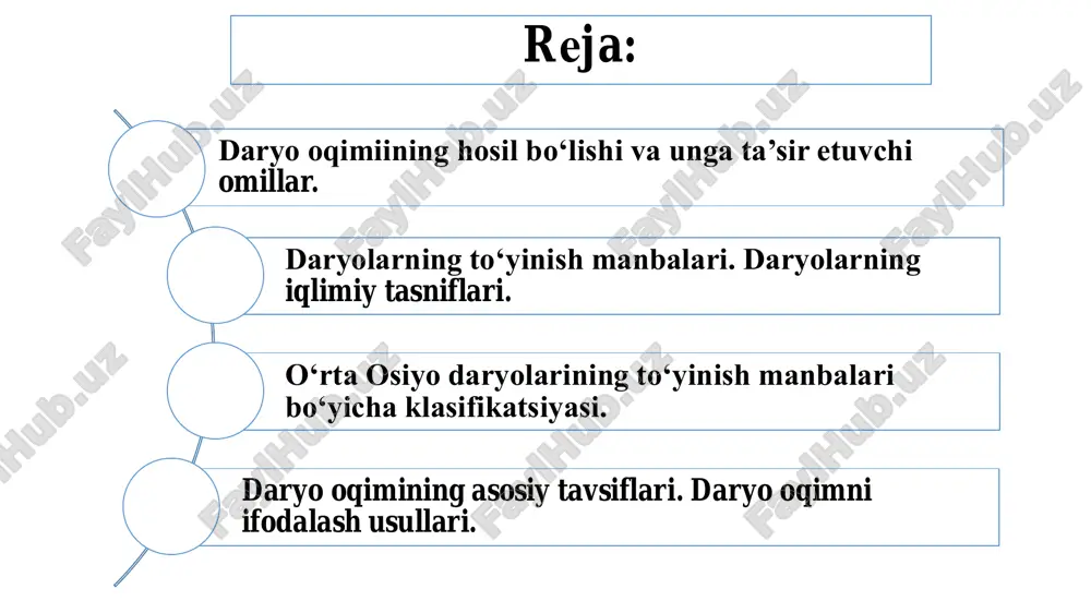 jiddiy ta’sir ko‘rsatadi. daryo havzasi geologik tuzilishining ta’siri er usti va osti suvlarining to‘planish va sarflanish sharoiti:  havzaning geologik tuzilishi  tog‘ jinslarining litologik tarkibi,  suv o‘tkazmas qatlamlarning joylashish chuqurligi oqim hosil bo‘lishiga, uning miqdoriga hamda yil ichida taqsimlanishiga ta’sir etadigan jiddiy omillardan hisoblanadi. relyefning bevosita ta’siri relyefning oqimga bevosita ta’siri havzaning nishabligi orqali ifodalanadi. agar havzaning nishabligi katta bo‘lsa, oqim jadal sur’atda hosil bo‘lib, uning daryo o‘zaniga oqib kelish vaqti qisqaradi. shu bilan birga yer ostiga shimilish va bug‘lanishga ham kam miqdorda suv sarf bo‘ladi. relyefning bilvosita ta’siri havza relyefining oqim hosil bo‘lishiga bilvosita ta’siri daryo havzasi suv balansining asosiy elementlari bo‘lgan yog‘insochin, bug‘lanish, yer ostiga shimilish va havzada to‘planadigan suv miqdori orqali seziladi. iqlimiy omillar ta’siri iqlimiy omillar deganda atmosfera yog‘inlari, bug‘lanish, havo harorati, havo namligi, shamol kabilar tushuniladi. shu omillardan qaysi birining oqimga hal etuvchi va bevosita ta’sir etishini bilish uchun daryo havzasining suv balansi …