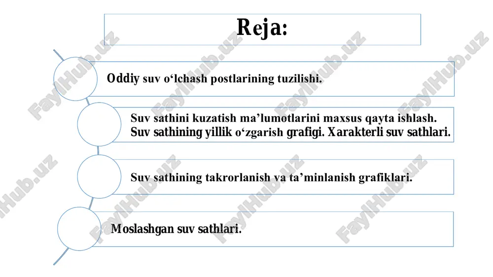 nimal suv sathidan 0,5 m pastda joylashgan tekislik. o‘rtacha kunlik suv sathi quyidagi formula bo‘yicha hisoblanadi: ][ 2 2008 . sm nn n kur   suv sathini kuzatishdan maqsad suv sathini kuzatishdan asosiy maqsad gidrotexnik inshootlarni loyihalash, qurish va foydalanish uchun kerakli ma’lumotlarni olishdir suv sathi teng: h = s+k (tabiiy o‘zanlar uchun) h = s (betonli o‘zanlar uchun) bu erda: h – suv sathi, sm. s – suv o‘lchash reykasidan sanoq; k – keltirish. suv sathining o‘zgarish qonuniyatlarini bilish zaruriyati daryolar, soylardagi suv sathining o’zgarish qonuniyatlarini bilmasdan turib, ularda birorta ko’prik, to’g’on, kanal kabi suv inshootlarini loyihalash va qurish mumkin emas. suv sathlariga ta’sir etuvchi omillar suv sathlari hamma vaqt turli omillar ta’sirida o’zgarib turadi ta’sir etuvchi omillar daryoning to’yinish turi inson faoliyati o’zan deformatsiyasi suv sathlarini kuzatishga va o’lchashga, suv miqdori vaqt mobaynida o’zgarib turishiga e’tibor gidrometriyada suv ob’ektlarining suv sathlarini kuzatishga,ularni aniq o’lchashga alohida e’tibor beriladi. …