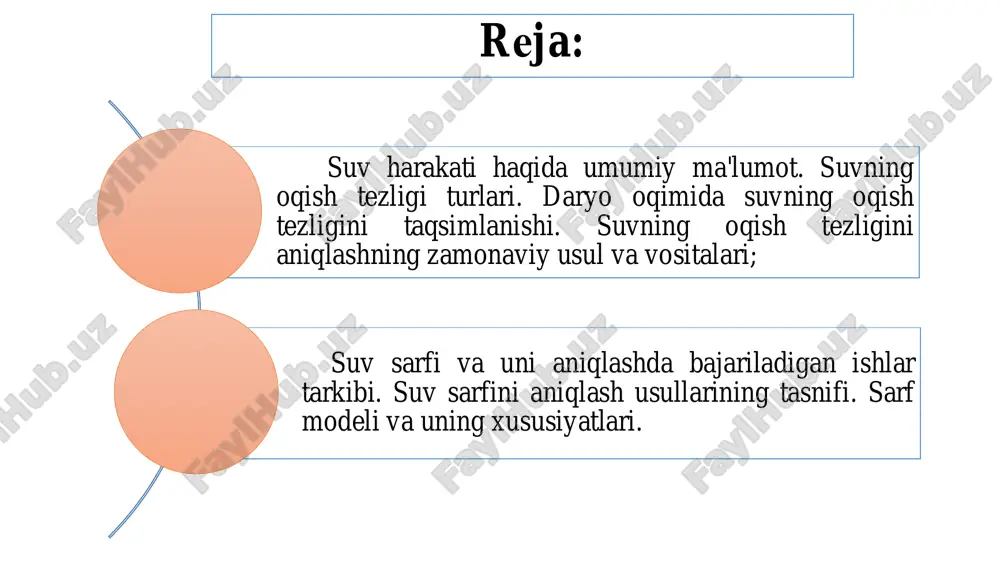 eritel skorosti potoka) sant-peterburg, rossiya kichik isp s2 va signal o'zgartirgi, ott- hydrometrie, germaniya 16:53 isp s31-universal, ott- hydrometrie, germaniya prays vertushkasi,usgs type aa model 6200, rickly hyrologial company, aqsh 16:53 • bir necha vertikallarda belgilangan nuqtalarda o‘lchanadi. bu usul suv oqimida tezlik maydonining xususiyatlarini o‘rganishda, yangi ochilgan stvorlar birinchi 2-3 yilda qo‘llaniladi. batafsil usulda tezlik tikliklari orasidagi masofalar daryo kengligi bo‘yicha teng oraliqlar orqali belgilanadi batafsil • kam sonli vertikallarda (lekin beshtadan kam emas) va ulardagi nuqtalarda (ikki-uch) suv sarfini o‘lchash mo‘ljallangan. asosiy • daryo o‘zani suv o‘tlaridan va muzlanish holatidan xoli bo‘lganda tezlik vertikalidagi bir yoki ikki nuqtada suv sarfi o‘lchanadi. vertikallar soni va ularning joylashishi batafsil va asosiy usullarda o‘lchangan suv sarflarini tahlil qilish asosida belgilanadi. qisqartirilgan • suv sarfini o‘lchash suv sathlarining keskin o‘zgarishi (soatiga 10 sm dan ko‘p) va o‘zanning kuchli deformatsiyasi kuzatilgan hollarda qo‘llaniladi. bunday hodisa asosan suv toshqini kuzatilgan vaqtda sodir bo‘lishi mumkin …