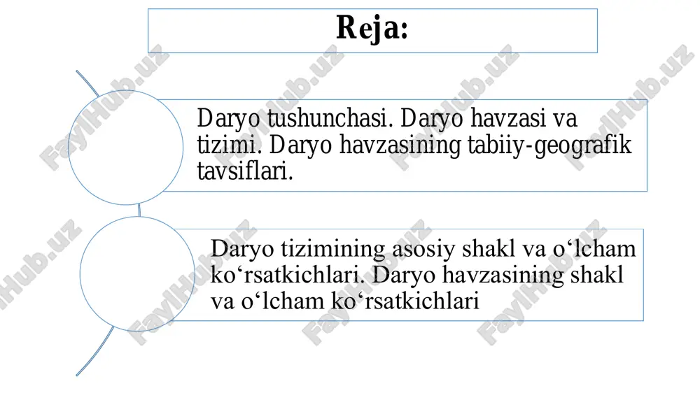 dunyo okeani 1338000 96,5 - yer osti suvlari 23400 1,70 - chuchuk yer osti suvlari 10530 0,75 30,06 muzliklar 24000 1,73 68,70 asriy muzloq 300 0,022 0,86 ko‘llar 176 0,013 0,25 tuproqdagi namlik 16,5 0,0012 0,047 atmosfera 12,9 0,0017 - botqoqliklar 11,5 0,0008 0,033 daryolar 2,1 0,0002 0,006 jami: 1386000 100 100 daryo tushunchasi daryolar gidrosferaning asosiy tashkil etuvchilaridan biri hisoblanadi. daryolarni o‘rganishga bag‘ishlangan gidrologiyaga oid turli adabiyotlarda ularga turli xil ta’riflar berilgan. ana shu fikrlarni umumlashtirgan holda daryoga quyidagicha ta’rif berish mumkin daryo deb- havzaga yoqqan atmosfera yog‘inlaridan hosil bo‘lgan yer usti va yer osti suvlari hisobiga to‘yinib, tabiiy o‘zanda oquvchi suv massalariga aytiladi o‘z suvini okeanlarga, dengizlarga va ko‘llarga quyadigan daryolar bosh daryo deyiladi.  bosh daryolar qanday suv havzasiga quyilishiga bog‘liq holda:  okean daryolari  kontinent daryolariga bo‘linadi. okean daryolari okean daryolari - bunday daryolar okean yoki okean bilan tutash bo‘lgan dengizlarga quyiladi. (amazonka, amur, don, …
