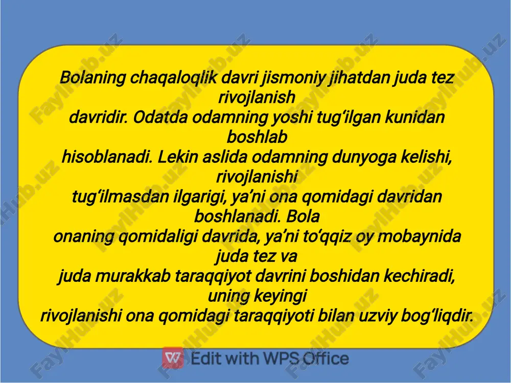 halarning soni miqdor jihatdan katta odamlamiki bilan barobar bo‘lsa hani, ular juda mayda boiadi (katta odamlamikiga nisbatan uch barobar kichik boiadi). shuning uchun chaqaloq bolalar katta odamlarga nisbatan uch barobar tez nafas oladilar. chaqaloq bola bir minutda 50-60 marta nafas olsa, katta yoshdagi odam xuddi shu vaqt ichida 14-16 marta nafas oladi. chaqaloq bola jismoniy jihatdan juda tez o‘sayotganligi tufayli sof havoga ayniqsa muhtoj boiadi. ilk yoshdagi bolalaming taraqqiyotida, buni albatta hisobga olish zarur agar chaqaloq bola o‘ringa o‘ng‘ay holatda yotqizilmasa, siqib yo‘rgaklansa va ochiq havoga olib chiqilmasa, uning nafas olishida qo‘shimcha qiyinchilik vujudga keladi. chaqaloq bolaning yuragi katta odamning yuragiga nisbatan anchagina tez uradi. masalan, katta odamning yuragi bir minutda o‘rtacha 70-75 marta ursa, chaqaloq bolaning yuragi 120 va undan ortiq marta uradi. buning asosiy sababi chaqaloq bolalar yuragining har bir qisqarishida bosib chiqaigan qon hajmining (miqdorining) ozligi, yurak muskullarining hali zaifligi bilan bogiiq. bundan tashqari, chaqaloq bolalar yuragining …