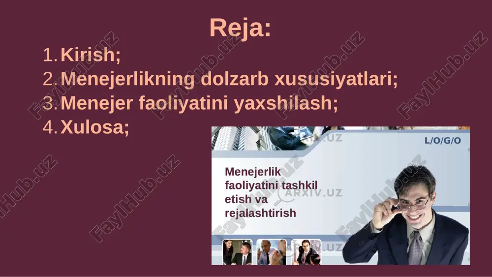 aliti vaqtni boshqarish vazifalarni to'g'ri rejalashtirish, vaqtni samarali ishlatish va o'zini o'zi nazorat qilish. delegirlash vazifalarni o'z jamoasi a'zolariga topshirish, ularga javobgarlikni berish va ularni qo'llab-quvvatlash. motivatsiya yaratish jamoa a'zolarini ilhomlantirish, ularni ishlashga rag'batlantirish va o'zlarining potentsialini ochish. menejer faoliyatini yaxshilash 1 maqsadlarni aniqlash aniq va o'lchanuvchan maqsadlarni qo'yish. 2 strategiya ishlab chiqish maqsadlarga erishish uchun yo'l xaritasi yaratish. 3 jamoani qo'llab-quvvatlash jamoa a'zolarini o'qitish, ularga yordam berish va rag'batlantirish. jamoa muhitida motivatsiyani oshirish 1 hurmat va e'tirof jamoa a'zolarining hissasini qadrlash va e'tirof etish. 2 ochiq muloqot jamoa a'zolari o'rtasidagi ochiq muloqotni rag'batlantirish. 3 o'zaro yordam jamoa a'zolarini bir-birlariga yordam berishga undash. innovatsion yondashuv va tashabbuskorlik 1 yangi g'oyalar doimiy ravishda yangi g'oyalarni izlash va ularni amalga oshirishga harakat qilish. 2 xavflarni qabul qilish yangiliklarni amalga oshirishda xavflarni qabul qilishga tayyor bo'lish. xulosa va amaliy tavsiyalar menejerlik uslubi va madaniyati muvaffaqiyatli jamoani yaratishning asosiy omili hisoblanadi. samarali menejerlik uslubi …