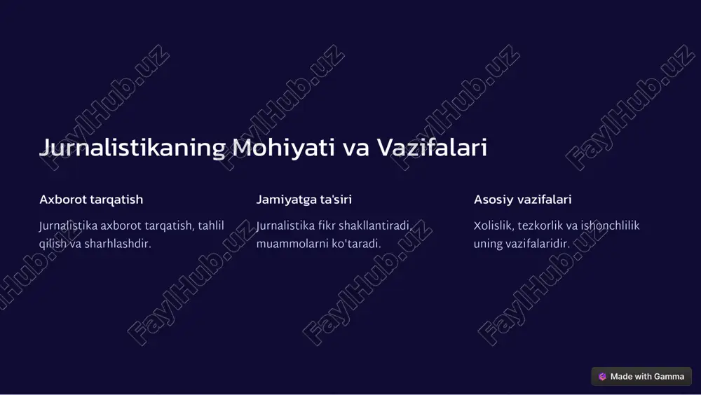 issa qo'shish. 4 tajriba orttirish chet elda tajriba orttirish. https://gamma.app/?utm_source=made-with-gamma xulosa muhim kasb jurnalistika 3 muhim va mas'uliyatli kasb. yangi bosqich o'zbekiston jurnalistikasi yangi bosqichda. umidli kelajak kelajak 3 yosh va umidli jurnalistlar qo'lida. https://gamma.app/?utm_source=made-with-gamma