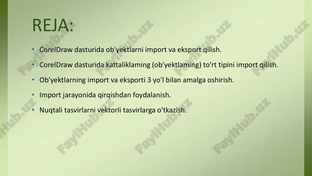 , eps standart formati. yuqaridagi byuruq bajarilgandan keyin ekranda otkrit risunok (oren drawing) mulahot oynasi chiqadi,bu yerda faylni qaysi jildda va qaysi fayl ekanligini ko’rsatish kerak. bu erda prosmotr (preview)dagi bayroqchni belgilash natijasida fayllar ichidagi malumotlar ko’rsatiladi. agarda faylni uqich mumkin bo’lmasa yoki boshqa sabablarga bogliq uqilmasa ko’rish oynasida krest belgisi chiqariladi. ko’rish maydoni tagida fayl haqida malumotlar chiqariladi:  versiya dokumenta (file version) satrida hujjat saqlangan dasturning versiyasi beriladi;  stepen sjatiya (compression ratio) satrida faylni siqilish foyizini ko’rsatadi (vektor formati uzi ixcham o’lchami kichik bo’ladi, shunga qaramastan dastur faylni avtomatik tarizda siqadi.);  soxranen (last saved by) satri dasturni versyasi haqida malumot beradi (platformasi) va unig relizi (masalan, build 337). klyuchevie slova (keywords) va primechaniya (notes) foydalanuvchiga kerakli faylni tez qidirib topib berishda yordam beradi. agarda berilgan malumot faylni saqlagan paytda kiritilgan bo’lsa. soxranit sloi i stranitsi (maintain layers and pages) bayroqchasi hujjatdagi qatlomlar ,sahifalar haqida konvertattsia qilishni …