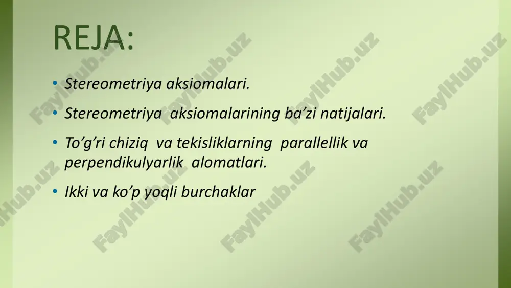 igan to’g’ri chiziq yo kesishmaydi, yoki bitta nuqtada kesishadi. 3.bitta to’g’ri chiziqda yotmaydigan uchta nuqtadan bitta va faqat bitta tekislik o’tkazish mumkin. fazodagi ikki to’g’ri chiziq bir tekislikda yotsa va kesishmasa, ular parallel to’g’ri chiziqlar deyiladi.kesishmaydigan va bir tekislikda yotmaydigan to’g’ri chiziqlar ayqash to’g’ri chiziqlar deyiladi. masala (1) berilgan ikki paralel to’g’ri chiziqni kesib o’tadigan hamma to’g’ri chiziqlarning bir tekislikda yotishini isbotlang. echilishi. berilgan a,b to’g’ri chiziqlar paralel bo’lgani uchun ular orqali tekislik o’tkazish mumkin. uni a bilan belgilaymiz. berilgan paralel to’g’ri chiziqlarni kesib o’tuvchi c to’g’ri chiziq a tekislik bilan ikkita umumiy nyqtaga ega,ular - berilgan to’g’ri chiziqlar bilan kesishish nuqtalari. 14.2-teoremaga ko’ra bu to’g’ri chiziq a tekislikda yotadi. shunday qilib, berilgan ikkita parlel to’g’ri chiziqni kesib o’tuvchi hamma to’g’ri chiziqlar bitta tekislikda - a tekislikda yotadi. 15.1-teorema. to’g’ri chiziqdan tashqaridagi nuqtadan shu to’g’ri chiziqqa paralel to’g’ri chiziq o’tkazish mumkin va faqat bitta. isbot. a-berilgan to’g’ri chiziq va a-bu …