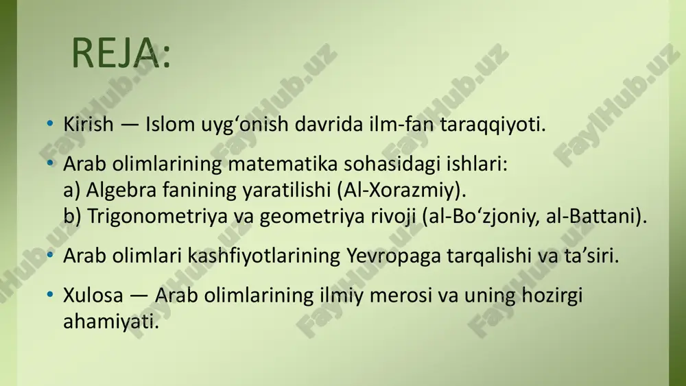 kosinus, tangens kabi trigonometrik funksiyalarni aniqlagan. •geometrik metodlar orqali algebraik muammolarni yechgan (masalan, omar xayyom kub tenglamalarni geometrik usulda yechgan). 4. ilmiy asarlarni tarjima qilish va rivojlantirish •yunon, hind va fors olimlarining asarlarini arab tiliga tarjima qilib, ularni tahlil qilgan va rivojlantirgan. •bag‘doddagi “bayt al-hikma” (donishmandlar uyi) bu jarayonning markazi bo‘lgan. global ta’siri arab olimlarining matematik yutuqlari yevropa uyg‘onish davriga tayanch bo‘lib xizmat qilgan. ularning global ta’siri quyidagicha: 1. yevropa faniga kirib kelishi •arab olimlarining asarlari lotin tiliga tarjima qilinib, yevropa universitetlarida o‘qitilgan. •masalan, al-xorazmiyning algebra asari xii asrda lotin tiliga tarjima qilinib, “algoritmi” nomi bilan tanilgan. 2. matematik terminologiyaning shakllanishi •“algebra”, “algorithm” kabi atamalar arab olimlarining nomi va asarlaridan kelib chiqqan. •bu terminlar bugungi kunda ham keng qo‘llaniladi. 3. ilmiy metodologiyaning tarqalishi •arab olimlari tajriba, kuzatuv va mantiqiy tahlilga asoslangan ilmiy metodologiyani rivojlantirgan. •bu metodologiya keyinchalik yevropa olimlari tomonidan qabul qilingan. 4. matematikaning amaliy qo‘llanilishi •astronomiya, tibbiyot, iqtisod, muhandislik …