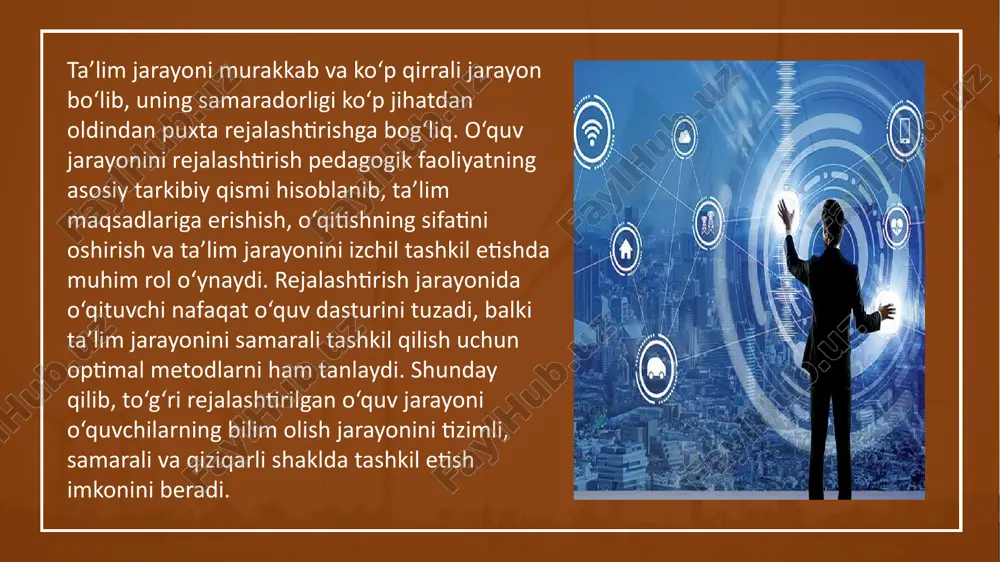 ta’lim maqsadlariga qarab tanlanishi lozim. o‘quv jarayonini samarali rejalashtirish o‘quvchilar bilimini chuqurlashtirish, ularning mustaqil fikrlash qobiliyatini oshirish va o‘quv motivatsiyasini kuchaytirishga xizmat qiladi. shu sababli, rejalashtirish jarayonida faqatgina darslik va o‘quv dasturlariga tayanib qolish emas, balki zamonaviy pedagogik texnologiyalarni joriy etish ham muhim ahamiyat kasb etadi. interfaol usullar, axborot-kommunikatsiya texnologiyalari va amaliy mashg‘ulotlarning ta’lim jarayoniga integratsiyalashuvi rejalashtirish samaradorligini oshirishda muhim omil bo‘lib xizmat qiladi. adabiyotlar tahlili. t. a. xodjayev o‘quv jarayonini rejalashtirish bo‘yicha o‘z tadqiqotlarida ta’lim sifatini oshirish uchun kompetensiyaviy yondashuvning ahamiyatini ta’kidlaydi. olimning fikriga ko‘ra, “zamonaviy ta’lim jarayonida rejalashtirish faqatgina an’anaviy o‘qitish metodlariga asoslanmasligi, balki talabalar individual xususiyatlarini inobatga olgan holda moslashuvchan strategiyalar ishlab chiqilishi lozim”. sh. m. nishonova esa o‘quv jarayonini rejalashtirishning innovatsion yondashuvlari va olib borgan tadqiqotlar bo‘yicha u o‘z ishlarida modulli va kredit tizimi asosida ta’limni rejalashtirishning samaradorligi haqida shunday yozadi: “bugungi kunda o‘quv jarayonini rejalashtirishda modulli ta’lim tizimidan foydalanish talabalar bilimini chuqurlashtirish bilan birga, ularning …