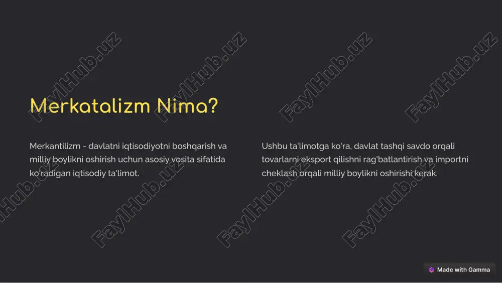 h o'rinlarini yartish uì�b� øa'«�³¾ø ³a³«a¨aø �c��ja �ì� ¾'ä�µ«aä�µ� ¨¾'áa�ø�ä�ì��a �¾äja³ bpä�aµ. pul balansini ijobiylashtirish mpä¨aµø�«�(³ ³a³«a¨aøµ�µ� á�« ba«aµì�µ� �¥¾b��«aì�ø�ä�ì��a ��ììa ã¾'ì��aµ. https://gamma.app/?utm_source=made-with-gamma merkatalizm salbiy jihatlari 1 tashqi savdo to'siqlari 2 innovatsiyalarni cheklash 3 raqobatni kamaytirish 4 kolonializm va urush https://gamma.app/?utm_source=made-with-gamma merkatalizm va narx siyosati 1 mpä¨aµø�«�(³ ja�«aø µaä�«aäµ� b¾ì�ãaä�ì��a aäa«aì��ì���a øaäa�j¾ä pj�. 2 naä�«aäµ� ì�µ'�� äa��ì�ja ¨¾'øaä�ì� ¾äãa«� ³a³«a¨aø�a ¨¾'áä¾ã á�« ¾«�b ¨p«�ì��a �aäa¨aø ã�«�µ�aµ. 3 b� a³a«��¾ø«aä �ìøp'³¾«c��«aä �c��µ ã�³³aø�a ø�ì��aµ �a äaã¾baøµ� ¨a³a�ø�ä�aµ. https://gamma.app/?utm_source=made-with-gamma merkatalizm va raqobat siyosati 1 raqobatni cheklash 2 monopolliya 3 narxlarni ko'tarish 4 ishlab chiqarishni kamaytirish https://gamma.app/?utm_source=made-with-gamma meµ�aãa�pî� þa ta»m´p saþd� spå�»aãp 1 pµ�ãe�»p��pî� 2 taµpf�aµ 3 kþ�ãa 4 b�å��ã https://gamma.app/?utm_source=made-with-gamma meµ�aãa�pî� þa daþ�aã b�»m´aµèþp 1 meµ�a�ãp�pî� daþ�aã�p�g p´ãp»�dpå�ãga aµa�a»mp»mp�p ´�'��ab-´èþþaã�aga�. 2 daþ�aã ãa»m´p »aþd� »på�»aãp�p b�»m´aµp»m, »a��aã�p µpþ���a�ãpµp»m þa ²è� ba�a�»p�p �aî�µaã ´p�p»mda fa�� p»mãpµ�� eãga�. https://gamma.app/?utm_source=made-with-gamma