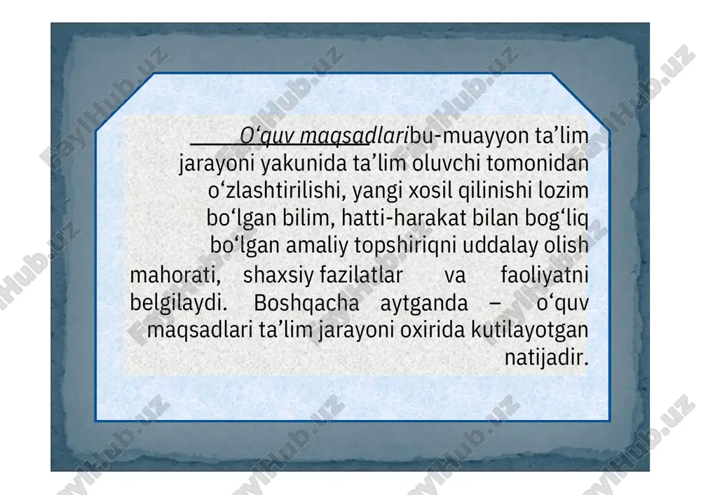 quvchi o‘zining nimalarga qodir ekanligini biladi; davlat ta’lim standartlarining bajarilish darajasi aniqlanadi; ta’lim oluvchining o‘rtoqlari, ota-onasi uning faoliyati xaqida ma’lumotga ega bo‘ladi. nazariy bo’limlarni amaliy ko’nikma va malakalarni faoliyatni shaxsiy fazilatlarni nimani baho lash kerak? qa ch on b ax ol os h ke ra k? ta’lim jarayoning boshida. (bb) ta’l im jar ay oni dav omida. (jb ) ta’lim ja rayo ni ya kunida. (y ab) baholashning asosiy xususiyatlari: 1. ta’lim maqsadiga yo‘nalganlik; 2. muntazam o‘tkazib borish; 3. pedagogik, psixologik, huquqiy tamoyillarga asosla nganlik; 4. umumiy qabul qilingan natija standartlariga asosla nganlik . mezonga asosla ngan (absolyut) bahola sh kasbiy ko’nikma va malakalarni baxolash ikki shakilda amalga oshi rilishi mumkin: me’yorga asosla ngan (nisbiy) bahola sh mezonga asoslangan (absolyut) baholash me’yorga asoslangan (nisbiy) baholash - bu, bilim, ko‘nikma va malakalarni, o‘quv maqsadlarini hisobga olib, oldindan belgilangan va hamma uchun bir bo‘lgan mezonlar asosida baholashdir. -bu, bilim oluvchilarning erishgan natijalarini …