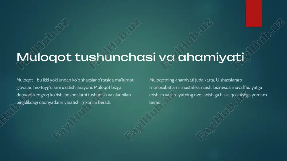 savol berish tushunishni aniqlashtirish va suhbatni davom ettirish uchun savol berish muhim. bu suhbatdoshning fikrlarini chuqurroq tushunishga yordam beradi. empatiya suhbatdoshning his-tuyg'ularini tushunishga harakat qilish kerak. uning pozitsiyasini o'zingizga tasavvur qiling va uning xis-tuyg'ulariga javob bering. tasdiqlash suhbatdoshning fikrlarini va his-tuyg'ularini tasdiqlash muhim. bu uni tushunganingizni va unga qiziqish bildirganingizni ko'rsatadi. empatiya va uning muloqotdagi roli 1 tushunish empatiya - bu boshqaning his-tuyg'ularini tushunish va ularga hissiy jihatdan javob berish qobiliyatidir. 2 hissiy aloqa empatiya muloqotda hissiy aloqani mustahkamlashga yordam beradi. 3 ishonch empatiya boshqalarga nisbatan ishonchni oshiradi va ularga sizni tushunishini va qo'llab-quvvatlashini his qiladi. 4 harakatlar empatiya bizning harakatlarimizga ham ta'sir qiladi, biz boshqalarga yordam berishga, ularning ehtiyojlarini qondirishga moyil bo'lamiz. muloqotda psixologik to'siqlar madaniy farqlar turli madaniyatlardan bo'lgan odamlar o'rtasida til, odob-axloq va qadriyatlar farqi muloqotga to'sqinlik qilishi mumkin. hissiy holatlar g'azab, qo'rquv yoki stress kabi hissiy holatlar muloqotga salbiy ta'sir ko'rsatishi mumkin. fikrlash usullari har bir …