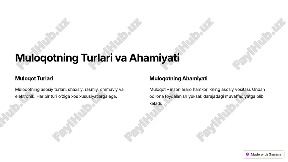 shi munosabatlar va o'zaro ishonch asosida qurilgan muloqot. 3 konstruktiv tanqid tanqid qilishda adekvat va konstruktiv yondashish. https://gamma.app/?utm_source=made-with-gamma kuzatuvchanlik va refleksiya 1 kuzatuvchanlik atrof-muhitdagi narsalar va hodisalarga diqqat bilan qarash. 2 empatikal qabul qilish tinglovchining holatini tushunish va unga xayrixohlik munosabatda bo'lish. 3 refleksiya o'z xattiharakatlarini tanqidiy tahlil qilish va uni takomillashtirish. https://gamma.app/?utm_source=made-with-gamma o'zini nazorat qilish 1 his-tuyg'ular va emotsiyalarni nazorat qilish muloqot jarayonida o'zini emotsional jihatdan boshqara olish. 2 nutq madaniyati muloqot sharoitiga mos, xushmuomala va madaniy so'zlash. 3 jismoniy holatni nazorat qilish muloqot jarayonida jismoniy holatni va qiyofa-qiyofani boshqarish. https://gamma.app/?utm_source=made-with-gamma empatiya va ijobiy munosabatlar 4 tinglovchi muloqot jarayonida tinglovchining holatini tushunish va hurmat qilish. 5 munosabatlar samimiy, ishonchli va yaxshi aloqalar o'rnatish. 3 yordamseverlik tinglovchining ehtiyojlarini his qilish va uni qo'llab-quvvatlash. https://gamma.app/?utm_source=made-with-gamma xulosa va tavsiyalar yuqori darajadagi muloqot muloqot madaniyatini rivojlantirish - samarali muloqotning asosiy yo'nalishlari. effektiv muloqot muloqot jarayonini tadqiq etish va optimallashtirish - zamon talabiga javob …