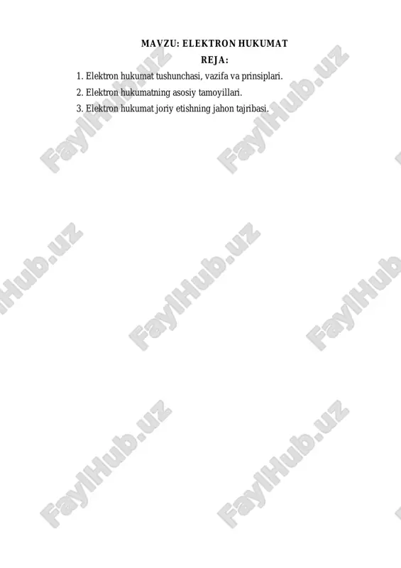 i vositasida ma’lumotlar almashish; elektron hukumatning yagona identifikatorlari — har bir jismoniy va yuridik shaxsga, kadastr va ko‘chmas mulk obyektlariga, geografik va boshqa obyektlarga beriladigan, ularni elektron hukumatda identifikatsiyalash imkonini beruvchi noyob kodlar; elektron davlat xizmatining reglamenti — elektron davlat xizmati ko‘rsatishga doir tartibni va talablarni belgilovchi normativ-huquqiy hujjat; elektron davlat xizmati — axborot-kommunikatsiya texnologiyalari qo‘llanilgan holda ko‘rsatiladigan davlat xizmati. elektron hukumatni turlicha ta’riflash mumkin. keng ma’noda, elektron hukumatning vazifalari va xizmatlar ko‘rsatishi hamda faoliyatini rivojlantirish uchun aktni qo‘llash ko‘rinishida belgilanishi mumkin. shuningdek, elektron hukumatni ― davlat oganlari ko‘rsatayotgan hizmatlarning, ochiqligi, shaffofligi, shuningdek, samaradorligi va sifatini oshirish maqsadida raqamli texnologiyalardan foydalanish usuli deb tushunish ham o‘rinlidir. bundan tashqari, elektron hukumatni aktni ko‘llagan holda davlat organlarining yanada samarali faoliyat ko‘rsatishi hamda fuqarolar va tadbirkorlik subyektlariga sifatli xizmatlar ko‘rsatish tizimi deb ta’riflash mumkin. e-xizmatlarning yana bir muhim jihati shundaki, ular davlat organlari faoliyatining ochiqligi va shaffofligini ta’minlash barobarida nafaqat shu tashkilotning, balki …