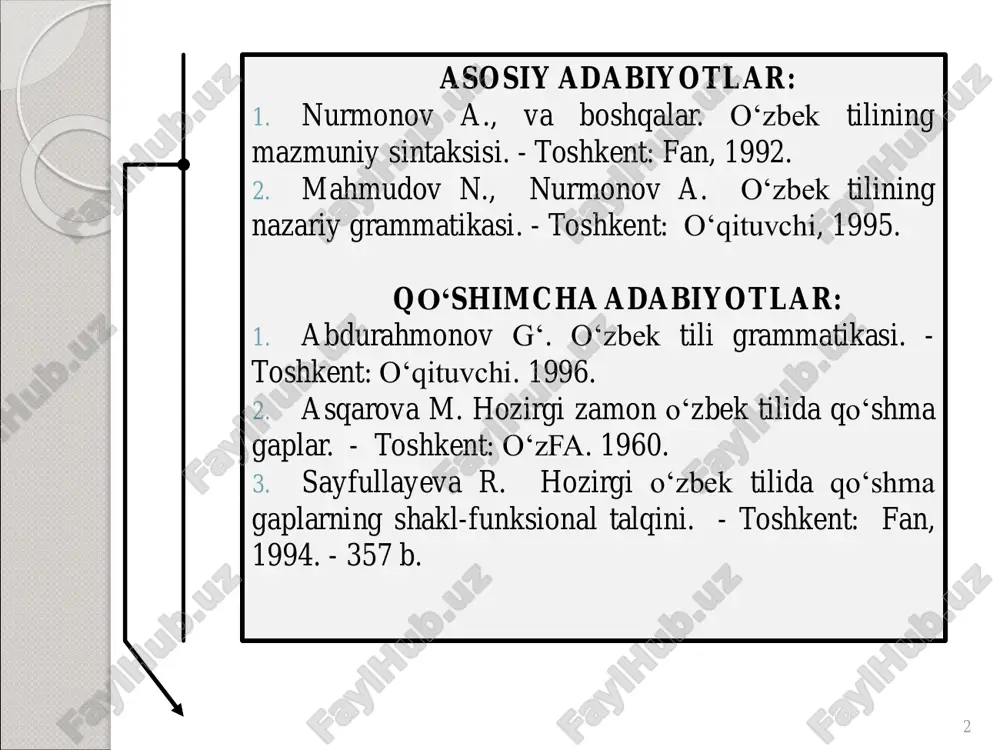 opgan ergash gapli qo‘shma gaplar). 2. aralash turli bir necha ergash gapli qo‘shma gaplar (uch va undan ortiq ergash gaplardan tarkib topgan qo‘shma gaplar). 3. ergashgan-bog‘langan qo‘shma gaplar (shaklan ergash gaplardan tarkib topgan , mazmuni va vazifasiga ko‘ra bog‘langan qo‘shma gaplarga teng bo‘lgan qo‘shma gaplar). 4. period (bog‘langan va ergashgan qo‘shma gaplar, bog‘lovchisiz qo‘shma gaplardan tarkib topgan murakkab sostavli qo‘shma gaplar. ii. murakkab tuzilishli qo‘shma gaplar (g.abdurahmonov. o‘zbek tili grammatikasi. - toshkent: o‘qituvchi. 1996. – b.220-241) 6 1. bir butunlikdan tuzilgan murakkab sostavli qo‘shma gaplar. 2. ikki butunlikdan tuzilgan murakkab sostavli qo‘shma gaplar. 3. uch va undan ortiq butunlikdan tuzilgan murakkab sostavli qo‘shma gaplar. period (murakkab sostavli qo‘shma gaplar) turlari (g.abdurahmonov. qo‘shma gap sintaksisi asoslari. – toshkent, 1958. – b.312-320) 7 1. bir necha ergash gapli murakkab qo‘shma gaplar. 2. bir necha bosh gapli murakkab qo‘shma gaplar. 3. aralash murakkab qo‘shma gaplar. 4. qismlari uyushgan murakkab qo‘shma gaplar. iii. murakkab …