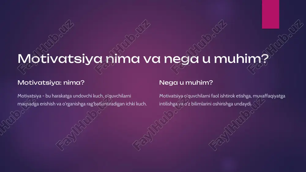 ishga undaydigan sharoitlar yaratish. rag'batlantirish va tashviqot turlari 1 maqtovlar o'quvchilarning harakatlarini maqtab, ularni rag'batlantirish. 2 mukofotlar o'quvchilarning yutuqlarini mukofotlash, ularni yanada rag'batlantirish. 3 imkoniyatlar o'quvchilarga o'zlarining qiziqishlarini rivojlantirish imkoniyatini taqdim etish. motivatsiya tamoyillarini joriy etishning amaliy usullari o'quvchilarning qiziqishlarini o'rganish o'quvchilarning qiziqishlarini bilish va ularga moslashgan o'quv dasturlarini ishlab chiqish. o'quv materialini qiziqarli qilish o'quv materialini o'quvchilar uchun tushunarli va jozibador qilish. o'quvchilarga tanlov erkinligini berish o'quvchilarga o'rganish usulini tanlash imkoniyatini berish. o'quvchilarni o'zaro hamkorlikka undash o'quvchilarni guruh ishlari va o'zaro hamkorlikka undash. o'qituvchining motivatsiya tamoyillarini qo'llashdagi roli 1 g'amxo'rlik o'quvchilarga g'amxo'rlik va qo'llab-quvvatlashni namoyon etish. 2 rag'batlantirish o'quvchilarning yutuqlarini qadrlash va ularni rag'batlantirish. 3 tushunish o'quvchilarning ehtiyojlarini tushunish va ularga moslashish. motivatsiya tamoyillarini joriy etishda olib boriladigan tadbirlar motivatsiya tamoyillarini joriy etish, o'quvchilarni o'rganishga rag'batlantirish va ularni muvaffaqiyatga yetkazish yo'lida muhim qadamdir.