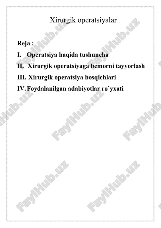 arda, jarrohlik yo'li bilan davolashning samaradorligini ta’minlash uchun ularni o'z vaqtida va uzil-kesil bartaraf etish imkoniga ega. xirurgik operatsiya ko‘p yoki kamroq qon ketishi bilan kechadi. lekin xirurgik muolajalar qon ketmasligi, shuningdek, operatsiya to'qimalarni kesib tashlamasdan kechishi mumkin. masalan, chiqqan suyaklarni joyiga solishda yoki suyaklar singanda suyak parchalari repozitsiyasida shunday bo'ladi. xirurgik operatsiyalar odatda, davolash maqsadida o'tkaziladi, biroq diagnostik operatsiyalar ham qilinadi. diagnostik operatsiyalarga biopsiya, punksiya qilish (qorin bo‘shlig‘i, plevral bo'shliq, orqa miya punksiyalari va b.). endoskopik tekshirishlar (tsistoskopiya, bronxoskopiya, ezofagoskopiya, gastroskopiya, torakoskopiya, laparoskopiya va b.), angiografiya va yurakni kateterizatsiya qilish, diagnostik torakotomiya va laparotomiya kiradi. diagnostik operatsiyalarning bir qismi, ayniqsa, diagnostik torakotomiya yoxud laparotomiya har holda xavflidir, shuning uchun ham tekshirishning boshqa barcha imkoniyatlari tugagandan so'nggina ularni qo‘llash lozim. davolash operatsiyalari radikal va palliativ bo'lishi mumkin. radikal operatsiyalar deb, kasallangan (shikastlangan) a'zolar yoki to'qimalarning yorib ko'rib olib tashlanishiga (absseesdagi insiziyalar, appendektomiya, xolesistektomiya, me’da rezeksiyasi, ochiq arterial tomirni bog'lash va …