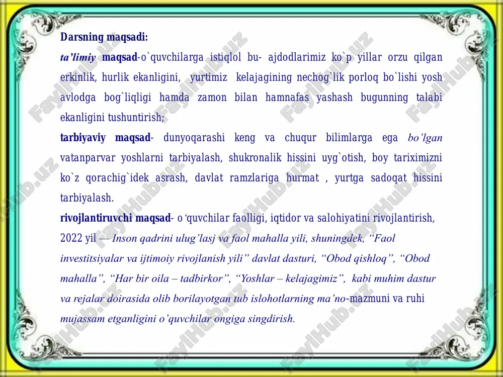 ga oshirish uchun mustahkam zamin yaratib, erishayotgan barcha yutuq va marralarimizning asosiy manbasi bo‘lib kelmoqda. https://uza.uz/uz/posts/ozbekiston-respublikasi-davlat-mustaqilligining-ottiz-bir-yillik-bayramiga-tayyorgarlik-korish-va-uni-yuqori-saviyada-otkazish-togrisida_395178 ayniqsa, so‘nggi yillarda, dunyoda koronavirus pandemiyasi va iqtisodiy inqiroz, keskin raqobat, turli qarama-qarshilik va ziddiyatlar tufayli yuzaga kelgan g‘oyat og‘ir va murakkab vaziyatda mard va olijanob xalqimizning fidokorona mehnati bilan yangi o‘zbekistonni barpo etish va uni jahonga tarannum qilish bo‘yicha muhim natijalarni qo‘lga kiritayotganimiz, bu yutuqlar xalqaro jamoatchilik tomonidan e’tirof etilayotgani, eng asosiysi, vatandoshlarimizning ong-u tafakkuri, dunyoqarashi o‘zgarib, ular islohotlar samarasini kundalik hayotida his qilib yashayotganini alohida ta’kidlash zarur 2022—2026-yillarga mo‘ljallangan yangi o‘zbekistonning taraqqiyot strategiyasini amalga oshirish, erishilgan yutuqlarni mustahkamlab, tub islohot jarayonlarini yangi bosqichga ko‘tarish, inson huquq va manfaatlari, uning qadri, sha’ni va g‘ururini yetakchi o‘ringa olib chiqish ustuvor vazifamizga aylangan hozirgi vaqtda yurtimizda tinchlik va barqarorlikni saqlash, davlatimizning hududiy yaxlitligi va bo‘linmasligi, sarhadlarimiz daxlsizligini ta’minlash, millatlararo totuvlik, diniy bag‘rikenglik va hamjihatlikni mustahkamlashga intilish ko‘p millatli xalqimizni yanada birlashtiradigan, yuksak marralarga safarbar etadigan …