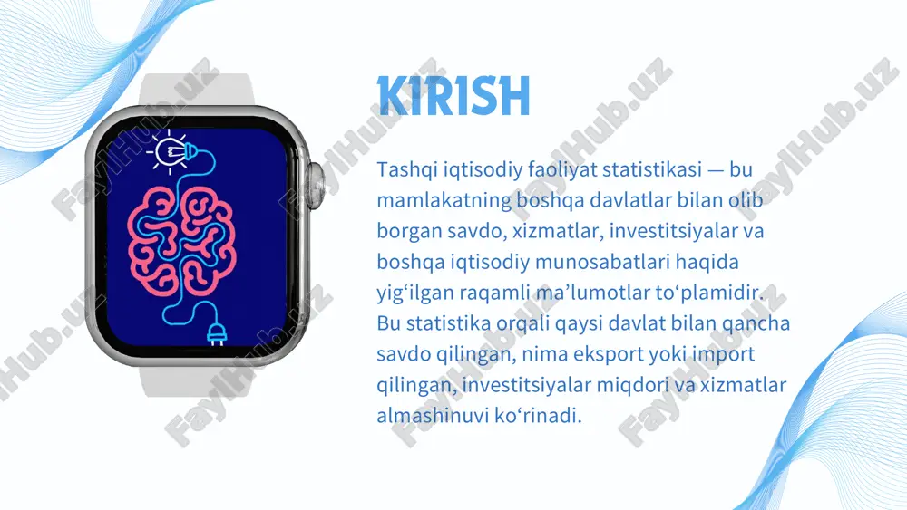 iston tashqi savdosining diversifikatsiyalanganligini ko‘rsatadi. eksportga mo‘ljallangan mahsulotlar ishlab chiqariladi. 2. sertifikatlash: mahsulotlar xalqaro standartlarga muvofiq sertifikatlanadi. tashqi savdo jarayoni bosqichlari mahsulotlar transport vositalari orqali chegaraga yetkaziladi. mahsulotlar bojxona nazoratidan o‘tkaziladi. 5. yetkazib berish: mahsulotlar xorijiy mijozlarga yetkaziladi. 1. mahsulot tayyorlash: 4. bojxona rasmiylashtiruvi: 3. logistika: o‘zbekiston tashqi savdosining geografik tuzilmasi (2024) 1. tashqi savdo aylanmasi – eksport va import yig‘indisi. 2. eksport – chetga sotilgan mahsulot va xizmatlar hajmi. 3. import – chetdan keltirilgan mahsulot va xizmatlar hajmi. 4. savdo balansi – eksport va import farqi. 5. asosiy savdo hamkorlari – eng ko‘p savdo qilinadigan davlatlar. 6. geografik tuzilma – qaysi mintaqalar bilan savdo qilinayotgani. 7. tovar tuzilmasi – qanday mahsulotlar eksport/import qilinayot ganini ko‘rsatadi. tashqi iqtisodiy faoliyat statistikasi metodologiyasi bu boshqa mamlakatlar bilan olib borilayotgan iqtisodiy aloqalarni hisoblash, tahlil qilish va taqqoslash uchun qo‘llaniladigan usullar va qoidalar majmuasidir. 1. tashqi savdo aylanmasi – eksport va import yig‘indisi. 2. …