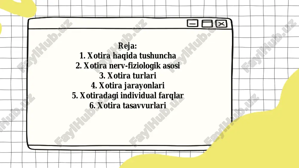 sh va esda saqlash muddatiga ko‘ra: qisqa muddatli, uzoq muddatli va operativ xotira so‘z-mantiq xotirasi mazmunini fikr va mulohazalar, aniq hukm hamda xulosa chiqarishlar tashkil etadi. ixtiyoriy xotira deganda ma'lum maqsadni ro‘yobga chiqarish uchun muayyan davrlarda aqliy harakatlarga suyangan holda amalga oshirilishidan iborat xotira jarayoni tushuniladi. ixtiyorsiz xotiraning turmushda va faoliyatda katta o‘rin egallashini har kim o‘z shaxsiy tajribasidan biladi. qisqa muddatli xotira- qisqa muddatga esda qoldirilishini ta'minlaydigan xotira turi. operativ xotira inson tomonidan bevosita amalga oshirilayotgan faol tezkor harakatlar, usullar uchun xizmat qiluvchi jarayonni anglatuvchi mnemik holatga aytiladi. harakat xotirasi – inson faoliyatining har bir turida ruhiy faollikning u yoki bu ko‘rinishlarini ustunlik qilishida kuzatiladi. his-tuyg‘u yoki hissiyot xotirasi –bu xotira his-tuyg‘ular, ruhiy kechinmalar, hissiyotlar, ehtiyojlarimiz va qiziqishlarimiz qanday qondirilayotganligidan, atrofimizdagi narsa va hodisalarning xususiyatiga nisbatan munosabatimiz qay tarzda amalga oshirilayotganligidan doimo xabar berib turish imkoniyatiga ega. obrazli xotira – yaqqol mazmunni, binobarin, narsa, hodisa- larning aniq obrazlarini, ularning …