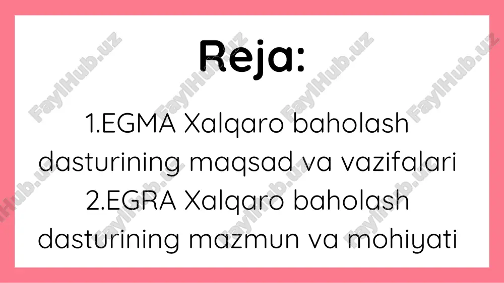 higa imkon beradi. 4. ozgarishlarni kuzatish: tizimlar energiya ishlab chiqarishdagi ozgarishlarni tahlil qilish va zarur choralarni korishga yordam beradi. egma xalqaro baholash dasturining afzalliklari: 1. yuqori harajatlar: yangi tizimlarni ornatish va ularni saqlash uchun katta dastlabki sarmoya talab qilinishi mumkin. 2. murakkablik: tizimlar murakkab bolishi mumkin va bu texnik bilimlarni talab qiladi. 3. texnologik yoshi: yangi texnologiyalar paydo bolishi bilan egma tizimlari tezda eskirib qolishi mumkin. 4. energiya iste'moli: tizimning ozi energiya istemol qilishi mumkin, bu esa umumiy samaradorlikni kamaytirishi mumkin. egma xalqaro baholash dasturining kamchiliklari: egra (early grade reading assessment) xalqaro baholash dasturi boshlangich sinflarda (odatda 1-3-sinf oquvchilari orasida) oqish qobiliyatini baholash uchun yaratilgan tadqiqot vositasi. ushbu dastur turli mamlakatlarda oquvchilar ortasidagi oqish konikmalarini erta bosqichda aniqlash, monitoring qilish va ularni rivojlantirish boyicha malumotlar olishga yordam beradi. 1. oqish savodxonligini erta aniqlash: egra oquvchilarning oqish va tushunish qobiliyatlarini boshlangich sinflardan aniqlab, kelajakdagi talim jarayonidagi muammolarni hal qilishga yordam beradi. …