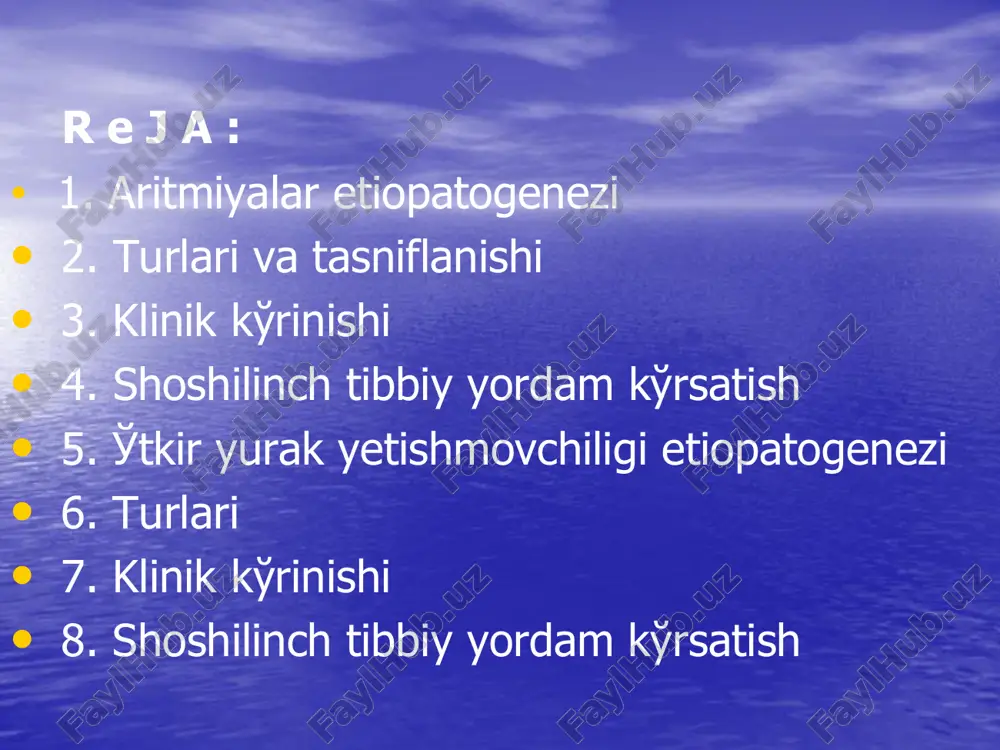 sonlarining jiddiy òzgarishisiz buzilishi. sinusli taxikardiya asta-sekin boshlanishi va tugashi, zo'riqishga, hayajonlanishga, tananing holatiga bog'liqligi bilan ajralib turadi. patologik holatlarda: infeksion kasalliklarda, intoksika-siya,anemiya, tireotoksikozlarda va qon tomir yetishmovchiligida paydo bo'ladi. puls tezlashadi (120-150 gacha uradi). taxikardiyada ekg xolati a)supraventrikulyar paroksizmal taxikardiya b)qorincha paoksizmal taxikardiya xurujsimon taxikardiyalar to'satdan boshlanadi va tugaydi, baland tonlar, yurak qiskarishlarining doimiy chastotasi bilan xarakterlanadi. kelib chiqishiga qarab paraksizmal taxikardiyalar vnslar funksiyasining buzilishi katta rol o'ynaydi. patologik impulslarni manba’larini joylashishiga qarab qorinchali, atrioventrikulyar,bo'lmachali va sinusli turlari tafovut qilinadi.paroksizmal taxikardiyalar yurak qisqarishlar soni 200 va undan ortiq bo'lganda yurak yetishmovchiligiga olib keladi. supraventikulyar taxikardiyalar • reflektor sinamalar ijobiy samara berganda, ko'prok yoshlarda, takroriy xurujlarda yuz beradi. supraventikulyar taxikardiyalar yurak tonlari taqchilligi. reflektor sinamalari samarasiz. ekstrasistoliya • baland ton va navbatdagi kompensatorli uzilish bilan kechadigan vaqtidan erta qisqarish sifatida aniqlanadi, ertaki ekstrasistoliyalarda tomir urishi taqchilligi bo'lishi mumkin. tòla atrioventrikulyar blokada: zòriqqqanda òzgarmaydigan, barqaror, siyrak ritm, bòyin venalarining tez-tez pulsatsiyasi, …