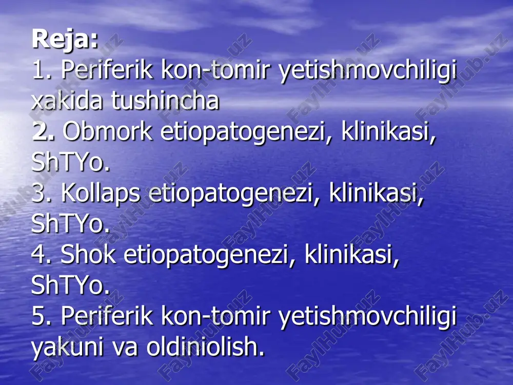 ni kuzgatish maksatda kofein kilinadi. shu bilan birgalikda kamfora kilinadi. yukoridagi muolajalar yordam bermasa ivlga ulanadi. obmorok xolati kaytalansa yotkizib davolash kerak. shoshilinch xolatlarda mezaton 1% 5 yoshgacha bulgan bolalarda 0,025-0,1 ml, 6 – 10 yosh –0,2 ml, 11 –14 yoshlarga – 0,3-0,5 ml yuboriladi. kofein 0,025 – 0,1 ml. v/v, teri ostiga 0,25 – 1ml. 10% eritmasidan foydalanadi. kardiamin – 25% li eritmasidan 0,1 – 1ml. gipotoniya va bradikardiya kurinishida bemorga teri ostiga atropin 1% - 0,1 – 1ml. yuboriladi. kollaps - o'tkir kon tomir yetishmovchiligi bulib a/b pasayib ichki organlarni kon bilan ta’minlanishi buziladi, jumladan bosh miya va yurakda. infeksiya va intoksikatsiyalarda tomirlarni utkir yetishmovchiligi tufayli kon aylanishi buzilishi kollaps deb ataladi. kollapsda a/b uzgarishiga karab uch turi tafovut kilinadi: a) simpatotonik kollaps b) vagatonik kollaps v) paralitik kollaps klinikasi. shok yoki kollaps vaktida bemor xushidan ketmaydi u fakat uzini zaif sezadi. tana xarorati normadan pastga tushadi, oyok …