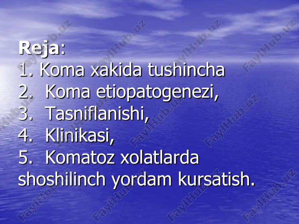 daga dizmetabolizm . xozir kunda "komatoz xolatini" yuzaga kelishida asooan 3 xil yunalishdagi patogenetik o'zgarashlar jarayonlar katta axamiyatga ega ekanligi malum. 1. bosh miyada qon aylanishining buzilishi. ma’lumki, periferik qon tomirlar sistemada qon bosimi katta amplitidada (60-150) o'zgarib turadi, shunga qaramay, katta va kichik qon tomirlardagi arteriola va kapilyarlardagi retseptorlarning faoliyati evaziga bu uzgarishlar bosh miya kon tomirlari sistemasida yuz bermaydi. agar ma’lum etiologik faktorlar ta’sirida bu muvozanat buzilsa, bosh miyaga kon aylanishi buzaladi va serebral gipoksiya xolati paydo buladi. komatoz xolatlarning xar xil turlarida, bosh miyadagi kon aylanish 25-44% ga kadar kamayishi aniklangan. bosh miya gipoksiyasi. serebral gipoksya uz navbatida komatoz xolatlarni keltirib chikaruvchi etiologik xamda komatoz xolatlari ravojlanishida katta axamiyatga ega bulgan patogenetik omillardan biridir. ma’lumki bosh miya ayniksa yosh bolaning bosh miyasi kislorodni kup istemol kiladi masalan: -bosh miya miokardga nisbatan skelet 5 barobar, skelet mushaklariga nisbatan esa 20 barobar kup kislorod istemol kiladi. bosh miyaning bu …