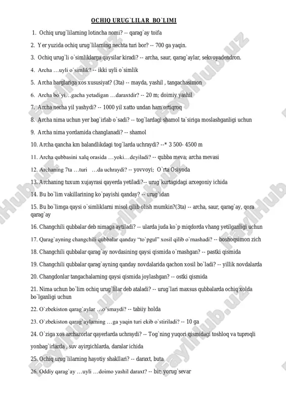 yerlarda uchraydi? -- tog`ning yuqori qismidagi toshloq va tuproqli yonbag`irlarda , suv ayirgichlarda, daralar ichida 25. ochiq urug`lilarning hayotiy shakllari? -- daraxt, buta 26. oddiy qarag`ay …uyli …doimo yashil daraxt? -- bir; yorug`sevar 27. oddiy qarag`ay ildizpoyasidan yaxshi o`sadi to`g`rimi? -- yo`q 28. oddiy qarag`ayda tangachalar qanday shaklda qayerda o`rnashgan? -- spirall; qubbalarning o`rtasidan o`tadigan o`qda 29. oddiy qarag`ayning bo`yi? -- 10-20 m 30. qarag`ay o`rmonlarini qayerlarda uchratishimiz mumkin? (4ta) -- yevropa, osiyo, amerika 31. qarag`ay qaysi oilaga tegishli? -- qarag`aydoshlar 32. qarag`ayda urug`chi qubbalar novdaning qaysi qismida xosil bo`ladi? -- uchida 33. qarag`ayda urug`langan tuxum xujayradan …undan esa …xosil bo`ladi? -- murtak; urug` 34. qarag`aylar necha yil yashydi? -- 200-400 yil 35. qarag`aylar o`zbekistonda nima maqsadda o`stiriladi? -- sifatli yog`och bop, hushmanzara 36. qarag`aylardan nimalar olinadi? -- oily navli qog`ozlar; texnik spirtlar 37. qarag`ayni yer yuzida qancha turi bor? -- 100 ga yaqin 38. qarag`ayning barglari novdada…tadan bo`lib,uzunligi …sm …