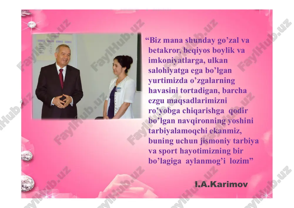 ng jismoniy barkamolligini yuksaltirish, aqliy va jismoniy zo’riqishlarning oldini olish; chaqqonlik, tezlik va burilish harakat sifatlarini rivojlantirish dars vazifasi: 1. bilim o’yin shartlarini aniq bajarish va to’g’ri harakatlanish; mashg’ulot vaqtida birinchi tibbiy yordam ko’rsatishni bilish. 2. ko’nikma yugurish, sakrash va turli to’siqlardan o’tishda turli estafetalar o’tkazilishida shikastlanishning oldini olish qoidalariga amal etib bajarish. 3. malaka harakatli o’yinlarni to’g’ri va aniq bajara olish, yurish va yugurish texnikasini amalda qo’llash dars borishi: i. tashkiliy qism (4-5 daqiqa) 1. bir qatorga saflanish. 2. salomlashish. 3. sardor hisoboti. 4. davomatni aniqlash. 5. uyga berilgan vazifalarni muhokama qilish. 6. yangi mavzu bilan tanishtirish va dars davomida nazariy bilim berib borish. m u s t a q i l y u r t p e d a g o g l a r i – s i f a t l i t a ’ l i m s a r i ! ii. tayyorlov qism …