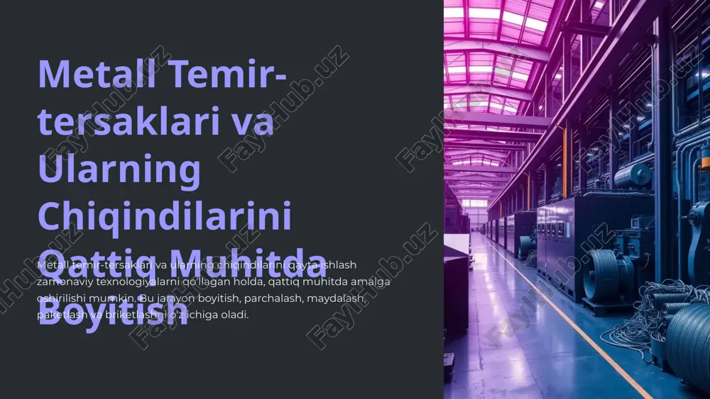 ishlangan metallar yangi metall ishlab chiqarishga qaraganda ancha kam energiya talab qiladi. 7 ekologik jihatdan tozaroq texnologiyalar changni yig'ish havodagi zararli changni filtrlash va tozalash. suvni tozalash ishlatilgan suvni tozalash va qayta ishlatish. shovqinni kamaytirish shovqin darajasini pasaytirish uchun maxsus texnologiyalar qo'llash. 8 iqtisodiy samaradorlikni oshirish yechimlar avtomatlashtirish jarayonlarni avtomatlashtirish ishchi kuchi xarajatlarini kamaytiradi. optimallashtirish energiya iste'molini va chiqindilarni kamaytirish uchun jarayonlarni optimallashtirish. logistika transport xarajatlarini kamaytirish uchun logistika tizimini yaxshilash. 9 ilg'or xorijiy tajribalar germaniya metall chiqindilarini qayta ishlashning ilg'or texnologiyalari va samarali tizimlari. yaponiya metall chiqindilarini qayta ishlashda yuqori samaradorlik va innovatsion yechimlar. 10 xulosalar va takliflar metall temir-tersaklari va ularning chiqindilarini qattiq muhitda qayta ishlash ekologik jihatdan toza va iqtisodiy jihatdan foydali. ilg'or texnologiyalarni qo'llash va samarali tizimlarni yaratish zarur. 11 image1.png image2.png image3.png image4.png image5.png image6.png image7.png image8.png image9.png image10.png image11.png image12.png image13.png image14.png image15.png image16.png image17.png