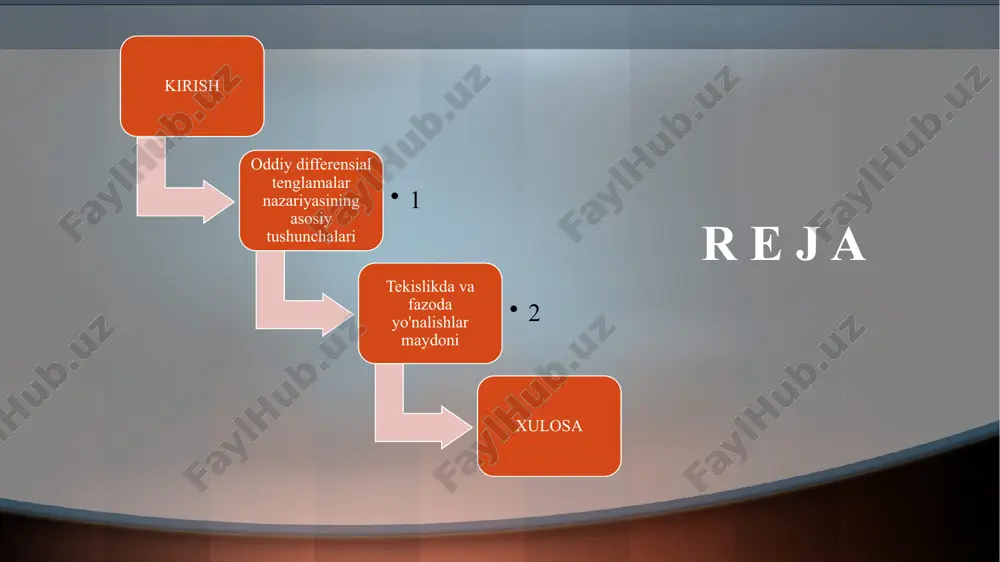 di va umumiy yechim bo`lib hisoblanadi. 𝑦^′′′=0 differensial tenglama umumiy yechimi uch ixtiyoriy o`zgarmasga bog`liq va o`zgarmaslar har birining konkret qiymatlarida xususiy yechim hosil bo`ladi. matematika va uning tatbiqlarining muhim masalalari x ni emas, balki uning biror noma`lum y(x) funksiyasini topish masalasi qo`yilgan va tarkibida x, y(x), shu bilan birga uning 𝑦^′ (𝑥),𝑦^′′ (𝑥), …,𝑦^((𝑛)) (𝑥) hosilalarini o`z ichiga olgan murakkab tenglamalarni yechishga keltiriladi. masalan, 𝑦^′+2𝑦−𝑥^3=0,𝑦^′′=𝑐∙𝑎𝑥, 〖𝑦^′〗^′′+𝑦=0 erkli o`zgaruvchi x ni, noma`lum y(x) funksiyani va uning n tartibli hosilasiga qadar hosilalarini bog`lovchi tenglamaga n-tartibli oddiy diffcrcnsial tcnglama deyiladi. yuqoridayozilgan tenglamalar, mos ravishda, birinchi, ikkinchi va uchinchi tartibli differensial tenglamalardir. umumiy ko`rinishda n-tartibli differensial tenglama 𝐹(𝑥,𝑦,𝑦^′,𝑦^′′,…,𝑦^𝑛 )=0 (1) shaklda yoziladi. erkli o`zgaruvchi x ni, noma`lum y(x) funksiyani va uning n tartibli hosilasiga qadar hosilalarini bog`lovchi tenglamaga n-tartibli oddiy diffcrcnsial tcnglama deyiladi. yuqoridayozilgan tenglamalar, mos ravishda, birinchi, ikkinchi va uchinchi tartibli differensial tenglamalardir. umumiy ko`rinishda n-tartibli differensial tenglama teorema. agar 𝑓(𝑥;𝑦) funksiya …