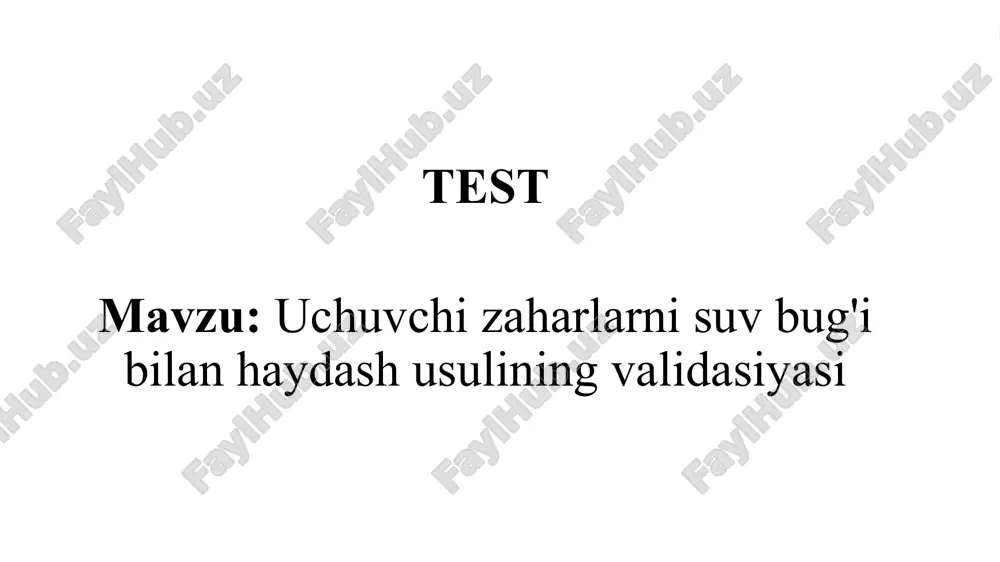 tratsiyasining oshishi • c) vakuuumning yaratilishi • d) qaynatish jarayoni javob: d 11. validatsiya jarayonida "uyg‘unlik" qanday tushuniladi? • a) zaharli modda aniqligi • b) qurilmaning ishga tayyorligi • c) usul natijalari orasidagi muvofiqlik • d) suvning tozaligi javob: c 12. uchuvchi zaharlarni ajratishda qaysi parametrlar o'lchanadi? • a) harorat va bosim • b) rang va ta'm • c) qattiqlik va yumshoqlik • d) zaharli moddaning solishtirma og'irligi javob: a 13. qaysi jarayonda suyuqlik to'planadi va gaz sharoitida ajratiladi? • a) evaporatsiya • b) kryo-qaynatish • c) kapsulyatsiya • d) ekstraktsiya javob: a 14. suv bug'i bilan ajratish jarayonida qaysi usul tezlikni oshiradi? • a) suv miqdorini oshirish • b) haroratni oshirish • c) suv kuchini oshirish • d) bosimni kamaytirish javob: b 15. validatsiya jarayonida natijalar qachon qabul qilinadi? • a) har qanday natija • b) statik texnika orqali • c) katta miqdordagi ma'lumotga asoslanib • d) sifatli tahlil …