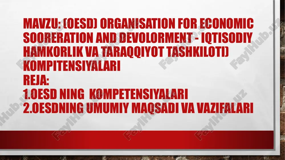 loqot, ogzaki bolmagan xatti-harakatlar) va madaniy kompetensiyalar (shaxsiyat, qadriyatlar, munosabat va etiqod) sifatida belgilanadi. har bir kompetensiyaga boshqasi nuqtai nazaridan qarash mumkin. oquv jarayoni uchun yuneskoning global talim tizimi ishlab chiqilgan bolib, bolalar, oquvchilar hamda talabalarga kerak bolgan kompetensiyalarni organish va aniqlash maqsadida xalqaro ishchi guruh tashkil etilgan. bu maktabgacha talim, boshlangich talim va oliy oquv yurti talim tizimini qamrab oladi. ushbu tizilma barqaror rivojlanish maqsadida, global talim korsatkichlari”ni ishlab chiqish uchun asos yaratishga moljallangan. ular uchun ushbu jarayonda butun dunyodagi asosiy talim imkoniyatlarini olchash va oquv natijalarini baholashdagi tenglik” asosiy vazifa hisoblanadi. • oesdning kompetensiyalari koplab iqtisodiy, ijtimoiy va ekologik masalalarni oz ichiga oladi. ushbu kompetensiyalar quyidagilarga bolinadi:a) iqtisodiy tahlil va siyosatoesdning eng muhim kompetensiyalaridan biri iqtisodiy tahlil qilish va iqtisodiy siyosatlar ishlab chiqishda komak berishdir. tashkilot davlatlar uchun tavsiyalar berib, ularning iqtisodiy rivojlanishini kuzatib boradi va iqtisodiy siyosatlar boyicha bilim almashishni ragbatlantiradi.b) soliq va moliyaviy siyosatoesd davlatlari ortasida …