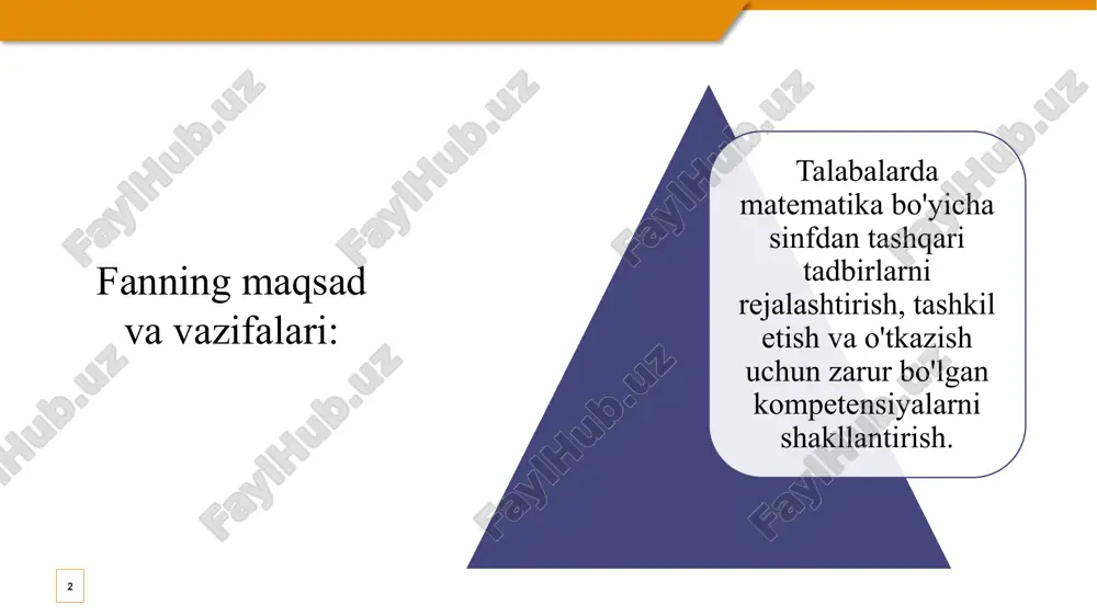 ar davomida o’quvchilar bilan (bolalar bilan joylarda) maqsadni ko’zlovchi, barqaror amaliy natijaga olib keladigan ularni havaslarini orttiradigan amalda bajariladigan ishlarni olib borishi kerak. sinfdan va maktabdan tashqari ishlar quyidagi yo’nalishlarda olib borilishi mumkin. a) ommaviy ishlar; (musobaqalar, ko’rik tanlovlar, kechalar, ertakliklar, ekskursiyalar va hokazolar); b) to’garak ishlar (yosh matematiklar); d) o’qituvchilarning mustaqil mashg’ulotlarini yo’lga qo’yish (bunda o’quvchilar fan va texnikaning biron soxasini o’rganish uchun mustaqil ishlaydilar va hokazo). e) maktabdagi o’zlashtirmovchi o’quvchilar bilan ishlashni tashkil etish usullari. 6 1. rejalashtirish: 2. tashkil etish: 3. o'tkazish: * o’quvchilarning faol ishtiroki ta'minlanadi. tadbirlar qiziqarli va jozibali tarzda o'tkaziladi. * tadbirlar reja asosida o'tkaziladi. * o'quvchilar tadbirlarga jalb qilinadi. * tadbirlarni o'tkazish uchun zarur bo'lgan materiallar va jihozlar tayyorlanadi. * rejada tadbirlarning nomi, muddati, maqsadi, vazifalari, ishtirokchilari va mas'ullari ko'rsatiladi. * o'quv yili boshida sinfdan tashqari ishlar rejasi tuziladi. sinfdan tashqari ishni tashkil qilish tartibi: 4. tahlil qilish: * tadbirning natijalari tahlil qilinadi. …