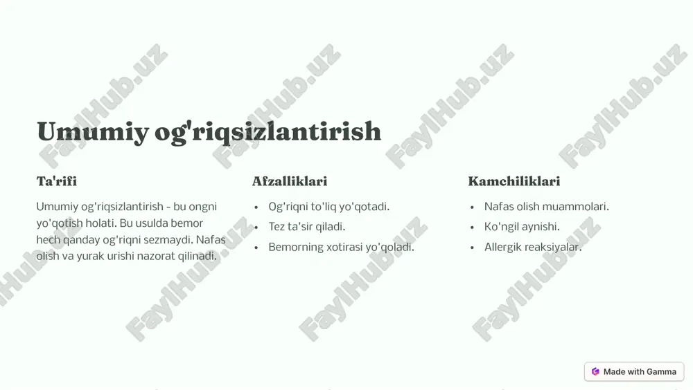 ma xulo�a og'riqsizlantirish turlari juda xilma-xildir. har bir usulning o'ziga xos afzalliklari va kamchiliklari bor. shifokor bilan maslahatlashib, eng mos usulni tanlash muhim. https://gamma.app/?utm_source=made-with-gamma