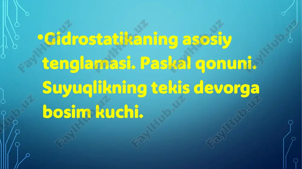 uyuqliknning hamma nuqtalariga bir xil miqdorda (o’zgarishsiz)tarqaladi. bu paskal qonuni sifatida ma’lum. ko’pchilik gidromashinalarning tuzilishi va ishlashi ana shu qonunga asoslangan(masalan, gidropress, domkratlar, gidroakkumulyatorlar, hajmiy gidroyuritma va hokazo). •tekis sirtga ta’sir qiluvchi bosim •girostatik g’ayritabiiylik (paradoks). biror idishdagi suyuqlikning chuqurligi h bo’lsin, u holda, ixtiyoriy nuqtadagi bosim uning suyuqlik ichida qancha chuqurlikda bo’lganiga bog’liq bo’ladi. a, b, c nuqtalardagi bosimlar quyidagilarga teng: •eʼtiboringiz uchun raxmat slide 1: buxoro muhandislik texnologiya instituti toʻqimachilik va charm sanoati fakulteti talabasi homidov olimjonning “gidravlika”fanidan tayyorlagan mustaqil ishi slide 2: . slide 3: . slide 4: . slide 5: . slide 6: . slide 7: . slide 8: . slide 9: agar porshenni δl masofaga siljitsak, u holda suyuqlik erkin sirtidagi bosim ∆p ga o’zgaradi. suyuqlikning solishtirma og’irligi bosim o’zgarishi bilan deyarlik o’zgarmaydi. shuning uchun a, b va c nuqtadagi bosim quyidagicha bo’ladi: slide 10: . slide 11: . slide 12: . slide 13: .