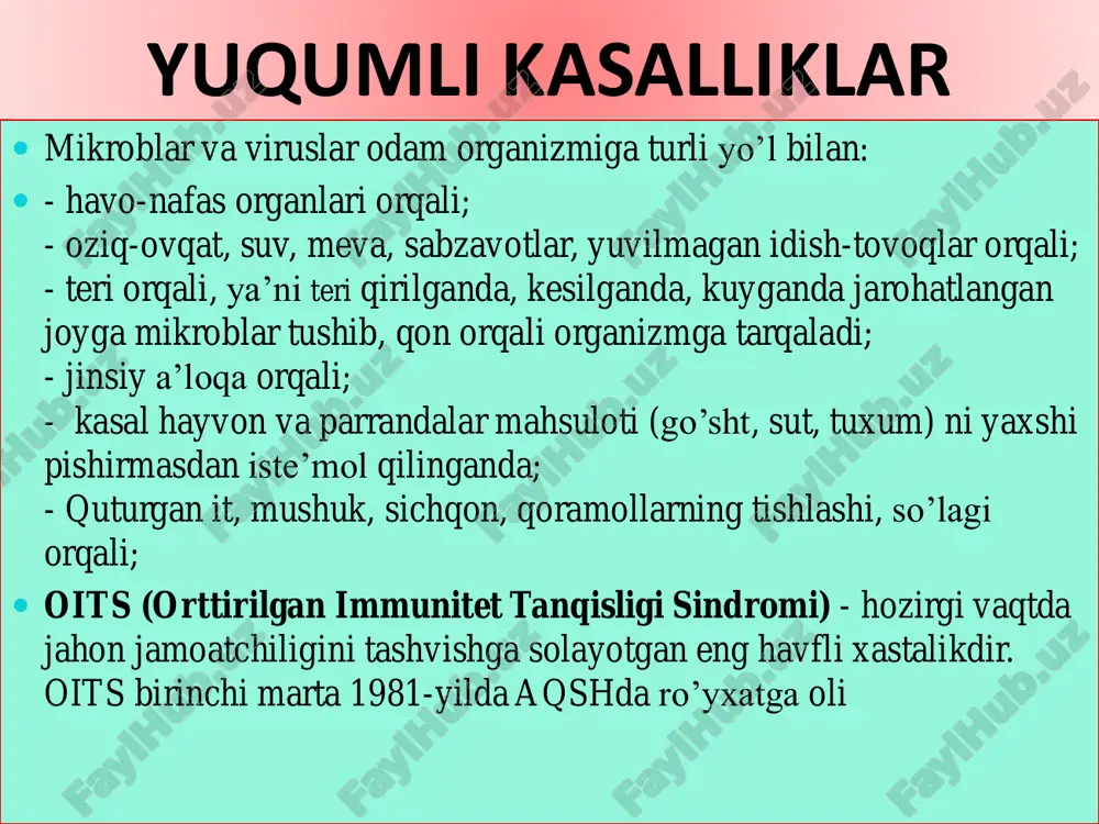 ni mikroblar va viruslardan himoyalanish qobiliyatini ta’minlaydi. oits ning belgilari. jag’ osti, bo’yin, qo’ltiq osti, chov sohasidagi , nafas yo’llari (bronxlar) va ichaklar atrofidagi limfa tugunlar kattalashadi. terida yiringli yaralar paydo bo’ladi, vaqti-vaqti bilan tana harorati ko’tariladi. oits bilan kasallangan bemor angina, gripp, sil, tuberkulyoz), pnevmoniya, salmonellyoz, sepsis kabi kasalliklarga tez beriluvchan bo’ladi va shu kasalliklar tufayli hayotdan ko’z yumadi. oits virusi bosh miyaning oq moddasini zararlashi tufayli bemor qo’l-oyoqlaridagi nerv tolalari bo’ylab og’riq seziladi. ba’zi bemorlarda qo’l-oyoq falaji, xotiraning va aqliy mehnat qobiliyatining orttirilgan immunitet tanqisligi sindromi oitsga qarshi kurashishning siymosi bo'lgan qizil bant oiv virusi qonga yuqqandan so'ng bir necha yil davomida o'zini sezdirmaydi. virus yuqqandan so'ng test qildirilgan taqdirda, faqatgina 3 oydan so'ng to'g'ri javobni ko'rsatadi. https://uz.wikipedia.org/wiki/fayl:red_ribbon.png https://uz.wikipedia.org/wiki/fayl:red_ribbon.png oits (orttirilgan immunitet tanqisligi sindromi) — davolanilmagan taqdirda 'oiv'(odam immunitet-tanqisligi virusi)ning immunitetni ishdan chiqishiga yo'l ochgan bir sindromdir. oiv tashiganlarga, oiv musbat deb ataladi. oiv musbat va oits farqlidir. …