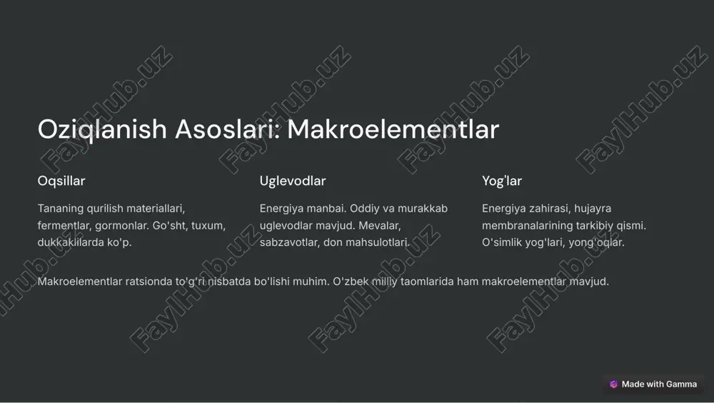 ://gamma.app/?utm_source=made-with-gamma sog'lom oziqlanish va kasalliklarning oldini olish 1 saraton antioksidantlarga boy mahsulotlar saraton xavfini kamaytiradi. mevalar, sabzavotlar iste'mol qiling. 2 yurak omega-3 yog' kislotalari yurak kasalliklari xavfini kamaytiradi. baliq, yong'oqlar yeng. 3 diabet glikemik indeksi past mahsulotlar diabet xavfini kamaytiradi. donlar, dukkaklilar foydali. to'g'ri ovqatlanish orqali kasalliklarning oldini olish mumkin. https://gamma.app/?utm_source=made-with-gamma sog'lom ovqatlanish strategiyalari: rejalashtirish va muvozanat 1 2 3 nonushta, tushlik va kechki ovqat uchun sog'lom variantlar tayyorlang. o'zbek milliy taomlarini sog'lom variantlarda tayyorlang. reja haftalik ovqatlanish rejasini tuzing. xarid mahsulotlarni oldindan xarid qiling. muvozanat har bir taomda makro va mikroelementlar muvozanatini ta'minlang. https://gamma.app/?utm_source=made-with-gamma sog'lom ovqatlanish strategiyalari: cheklovlar va alternativlar 1 shakar shakar miqdorini kamaytiring. asal, steviya ishlating. 2 tuz tuz miqdorini kamaytiring. ziravorlar qo'shing. 3 yog' yog' miqdorini kamaytiring. zaytun yog'i ishlating. gazli ichimliklar, fast-food, qayta ishlangan mahsulotlardan voz keching. uy sharoitida tayyorlangan mevali suvlar iching. https://gamma.app/?utm_source=made-with-gamma xulosa: sog'lom oziqlanishga sayohat 1 sarmoya 2 o'zgarishlar 3 mas'uliyat sog'lom …