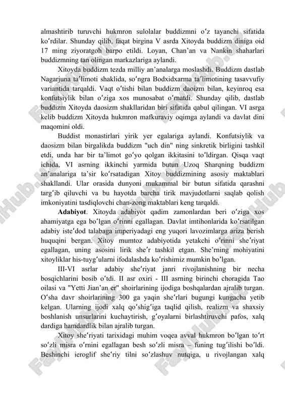 a kirib kelgan sanasi milodiy 65-yil deb hisoblanadi. birinchi budda ibodatxonasi loyan shahri yaqinida mashhur baymasy (oq ot) nomi bilan bunyod qilingan. afsonaga ko ra, hindistondanʻ xitoyga birinchi buddist asarlari, sutralar oq otda olib kelingan. 220-yilda xan sulolasining qulashi an’anaviy konfutsiylik tarafdori bo lgan zodagonlar qismining mavqeini zaiflashtirdi, bu esa xitoydaʻ buddizmning tarqalishiga ijobiy ta’sir ko rsatdi. ko pincha bir-biriniʻ ʻ almashtirib turuvchi hukmron sulolalar buddizmni o z tayanchi sifatidaʻ ko rdilar. shunday qilib, faqat birgina v asrda xitoyda buddizm diniga oidʻ 17 ming ziyoratgoh barpo etildi. loyan, chan’an va nankin shaharlari buddizmning tan olingan markazlariga aylandi. xitoyda buddizm tezda milliy an’analarga moslashdi. buddizm dastlab nagarjuna ta limoti shaklida, so ngra bodxidxarma ta limotining tasavvufiyʼ ʻ ʼ variantida tarqaldi. vaqt o tishi bilan buddizm daoizm bilan, keyinroq esaʻ konfutsiylik bilan o ziga xos munosabat o rnatdi. shunday qilib, dastlabʻ ʻ buddizm xitoyda daosizm shakllaridan biri sifatida qabul qilingan. vi asrga …